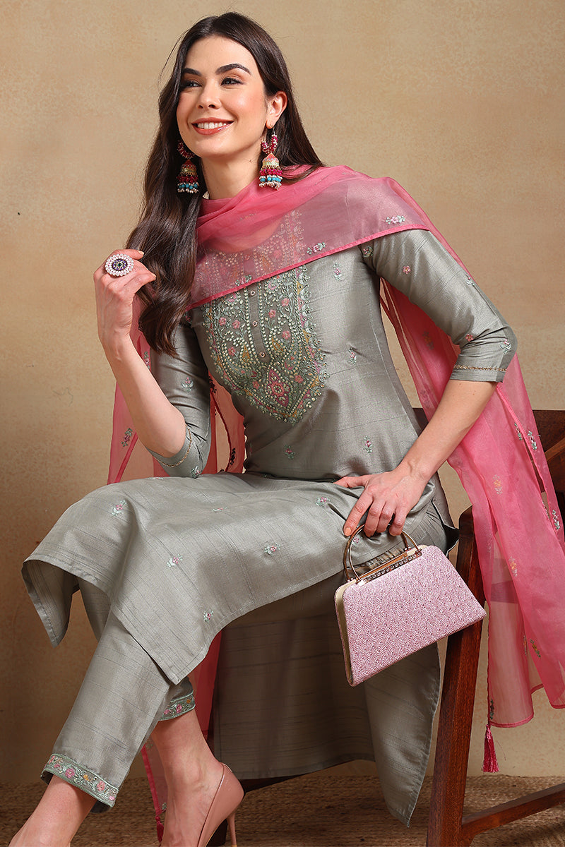 Ahika Grey Silk Blend Floral Embroidered Straight Trouser Suit Set PKSKD2339