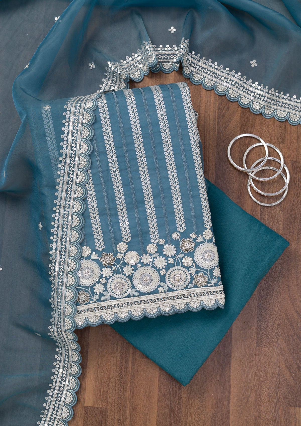 Koskii Blue Threadwork Tissue Unstitched Salwar Suit