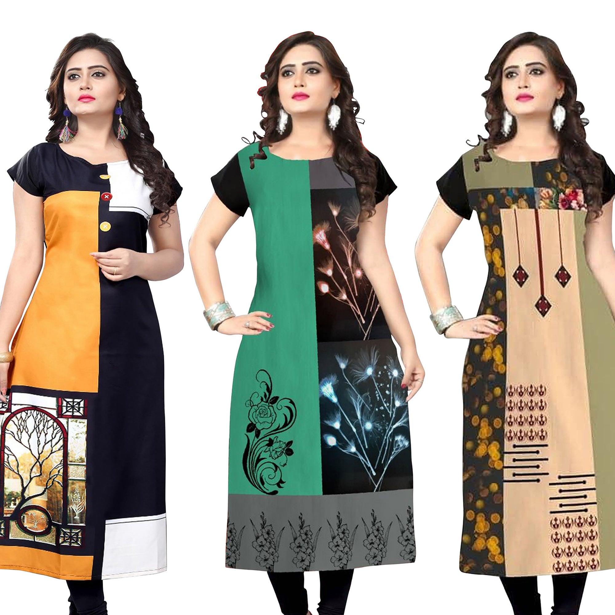 Peachmode Seller Casual Printed Crepe Kurti - Pack of 3