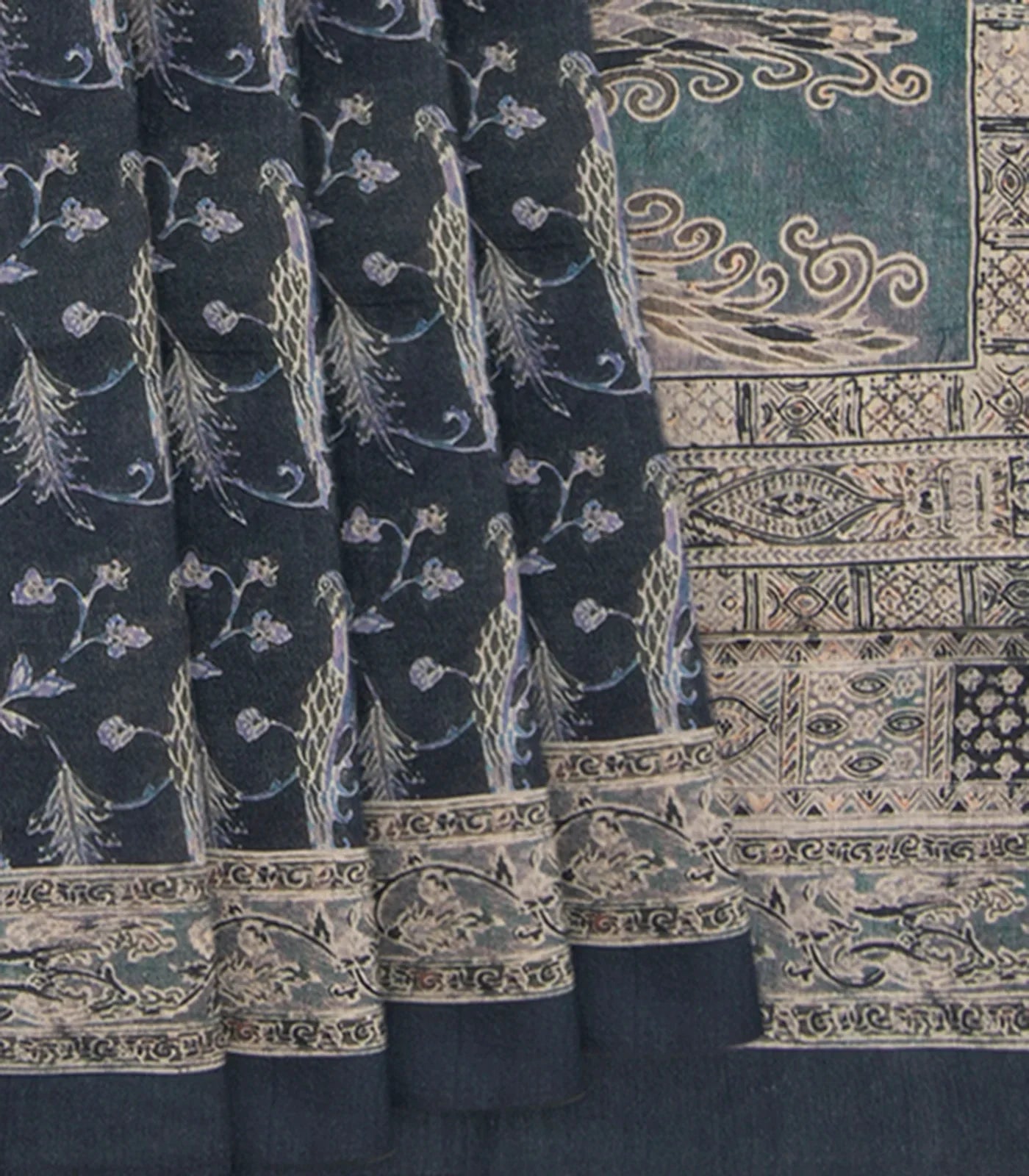 RmKV Green Muga Tussar Silk Saree With Block Print