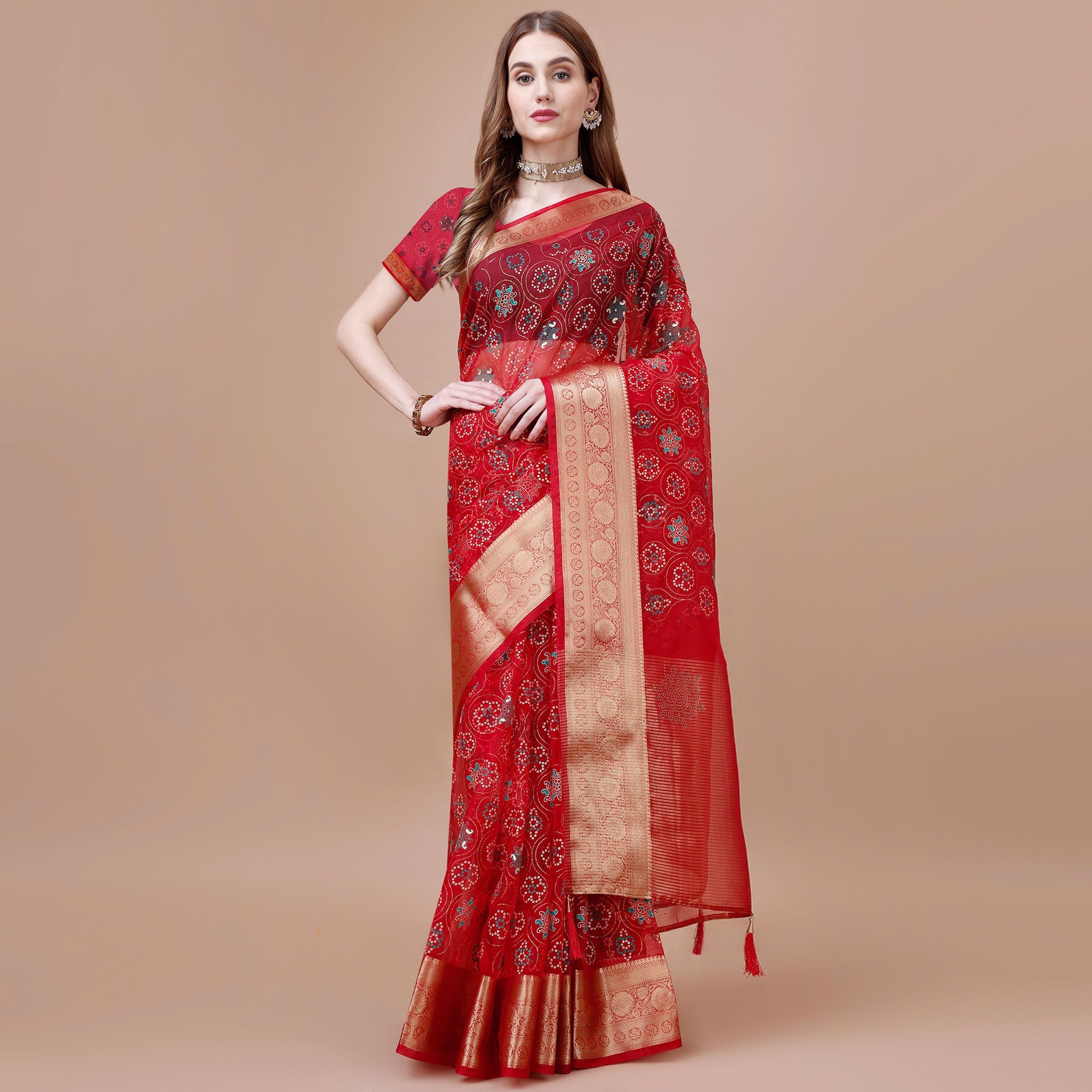Peachmode Dark Red Bandhani Printed Organza Saree With Woven Border - view 2