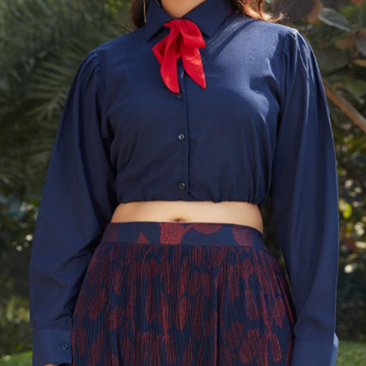 Peachmode Seller Jazzy Navy Blue Colored Casual Wear Printed Western Crop Top - Skirt Set - view 3