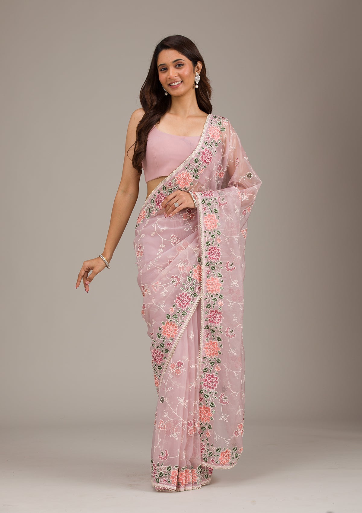 Koskii Onion Pink Threadwork Organza Saree – Women's