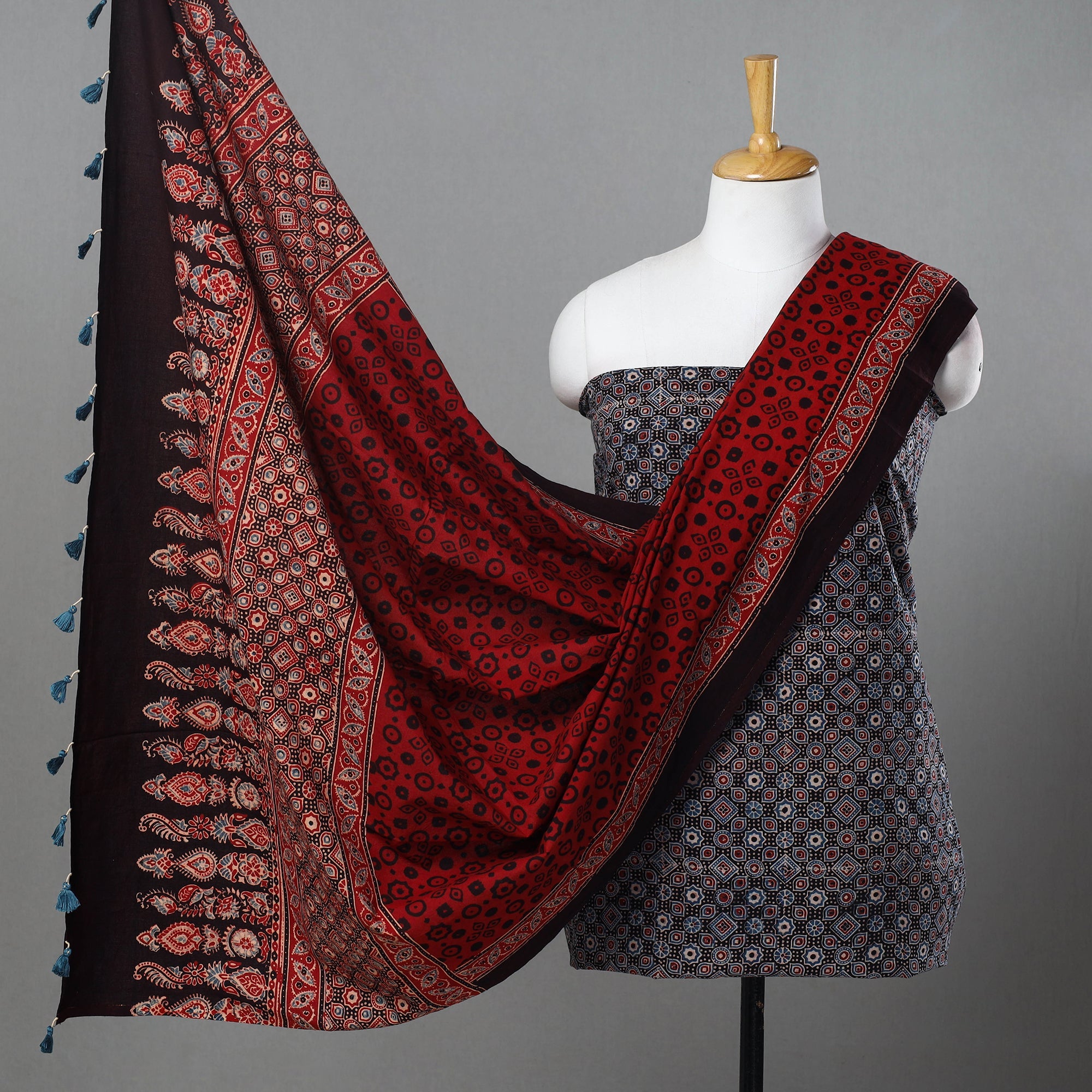 AJRAKH BY SUFIYAN ISMAIL KHATRI Blue - Hand Block Print Cotton 3pc Ajrakh Dress Material 03