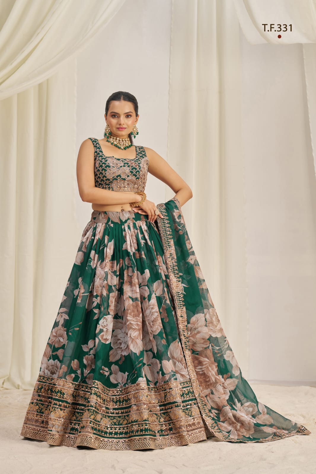 ClothsVilla Dark Green Printed Organza Semi-Stitch Lehenga Choli with Zari, Dori, and Sequins Work