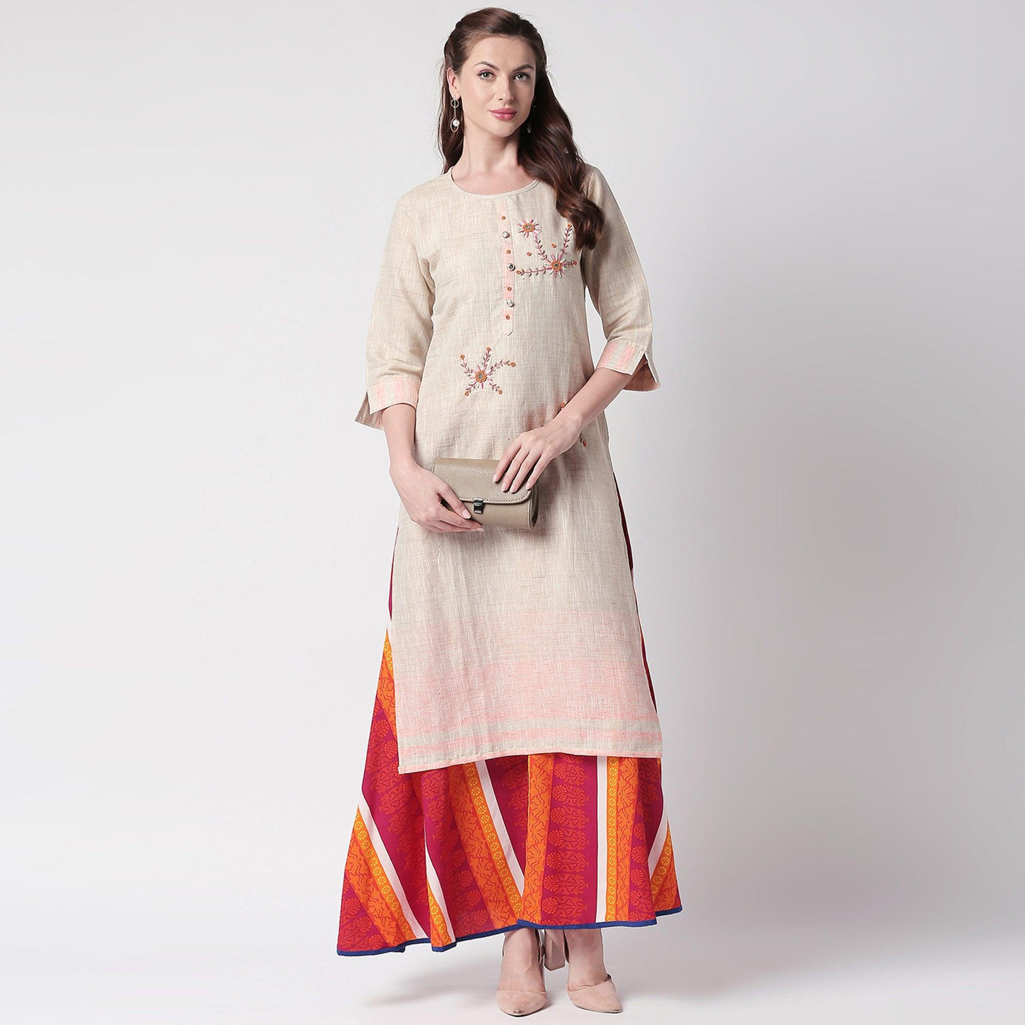 White kurtas – BlackTree glowing-off-white-colored-partywear-embroidered-cotton-kurti-skirt-set-41537