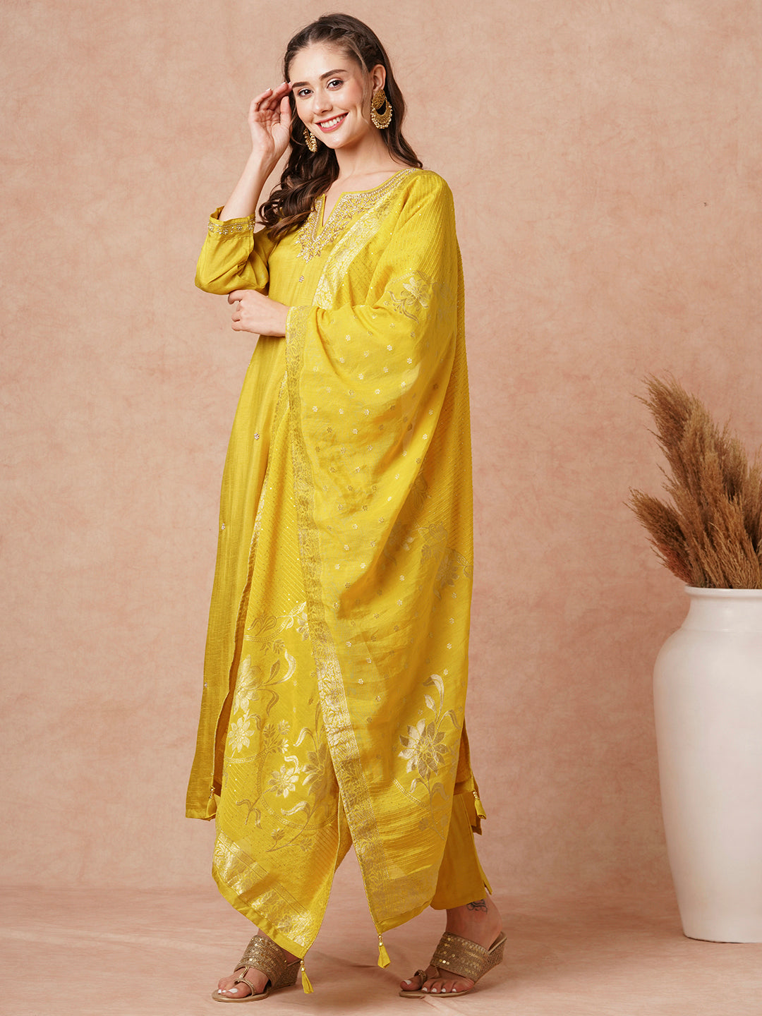 Fashor Solid Hand Embroidered Kurta with Pant & Woven Jacquard Dupatta - Mustard - view 4