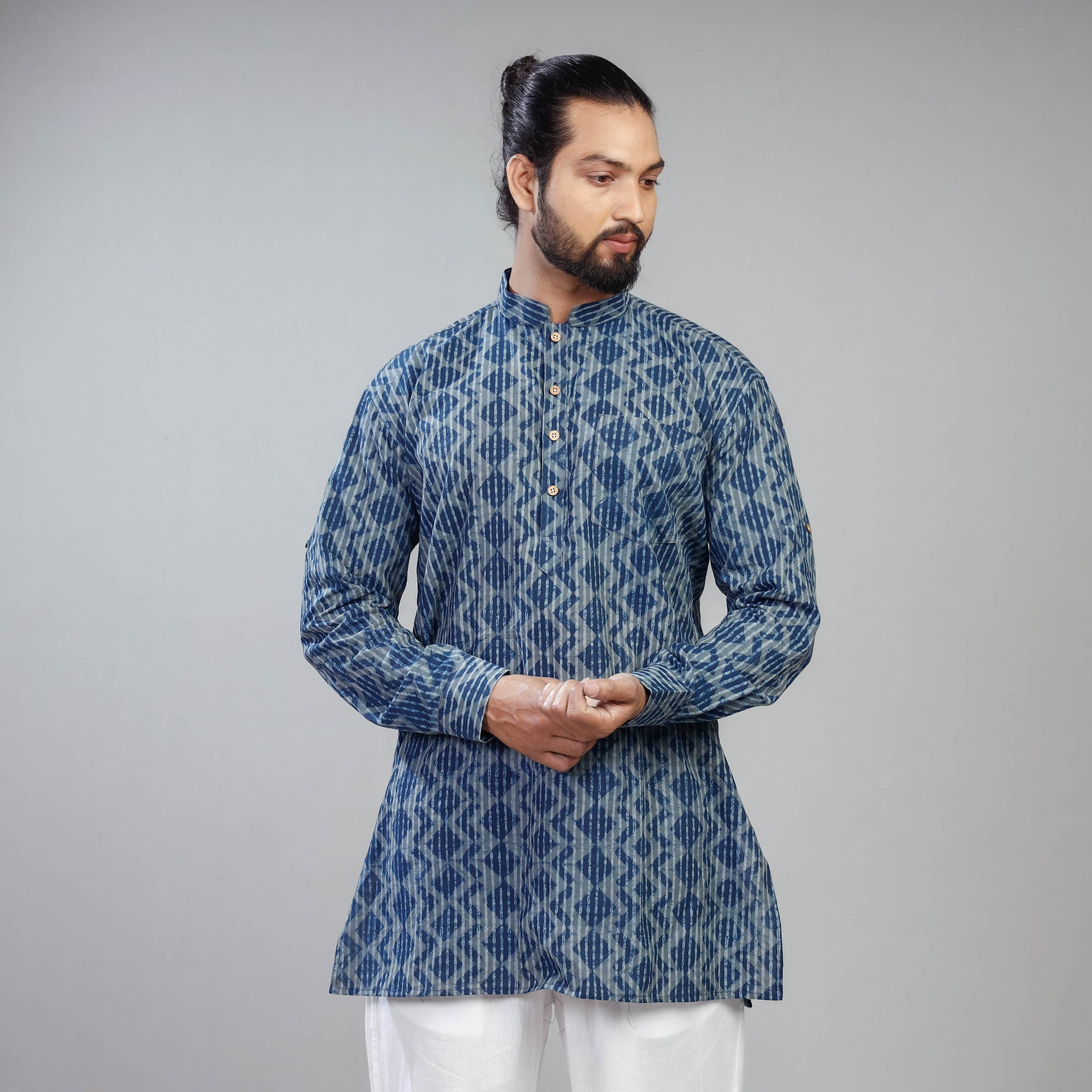 ITOKRI CASUALS Blue - Akola Block Printed Cotton Men Short Kurta
