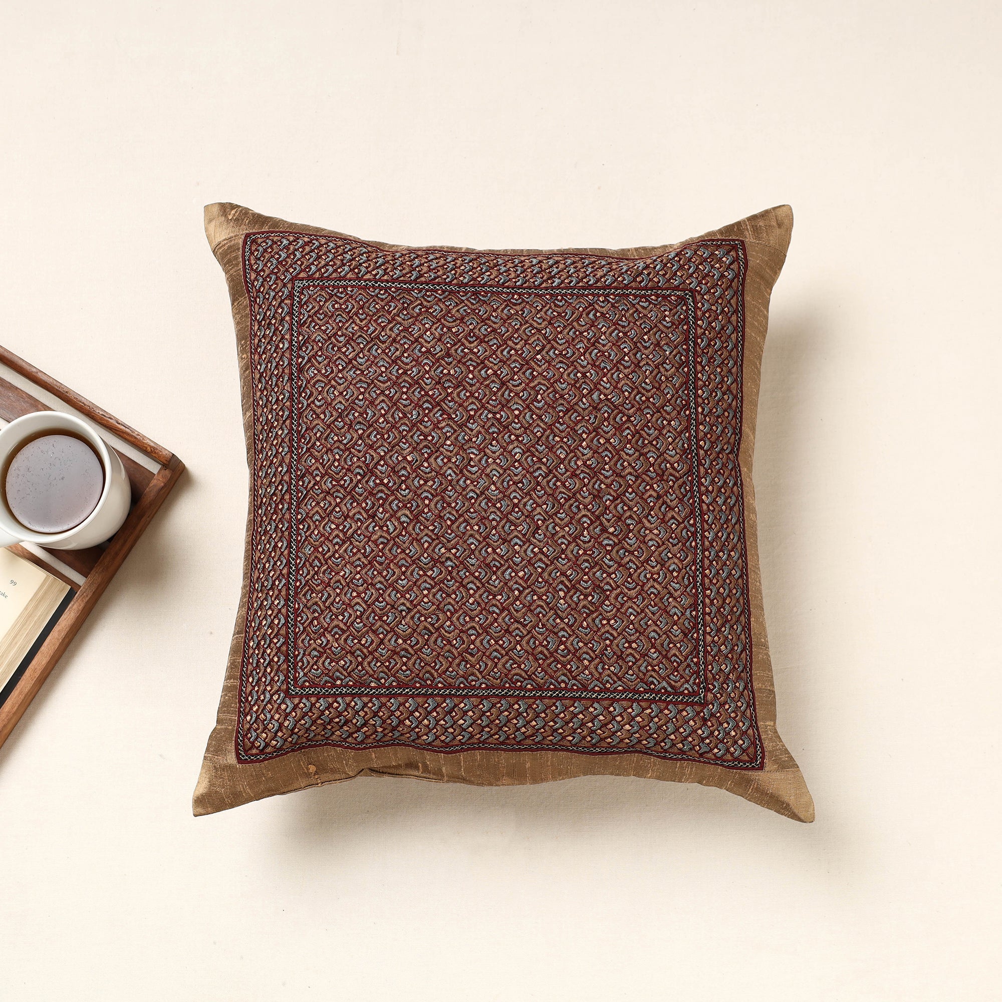 QASAB Brown - Kutch Neran Hand Embroidery Silk Cushion Cover (16 x 16 in)