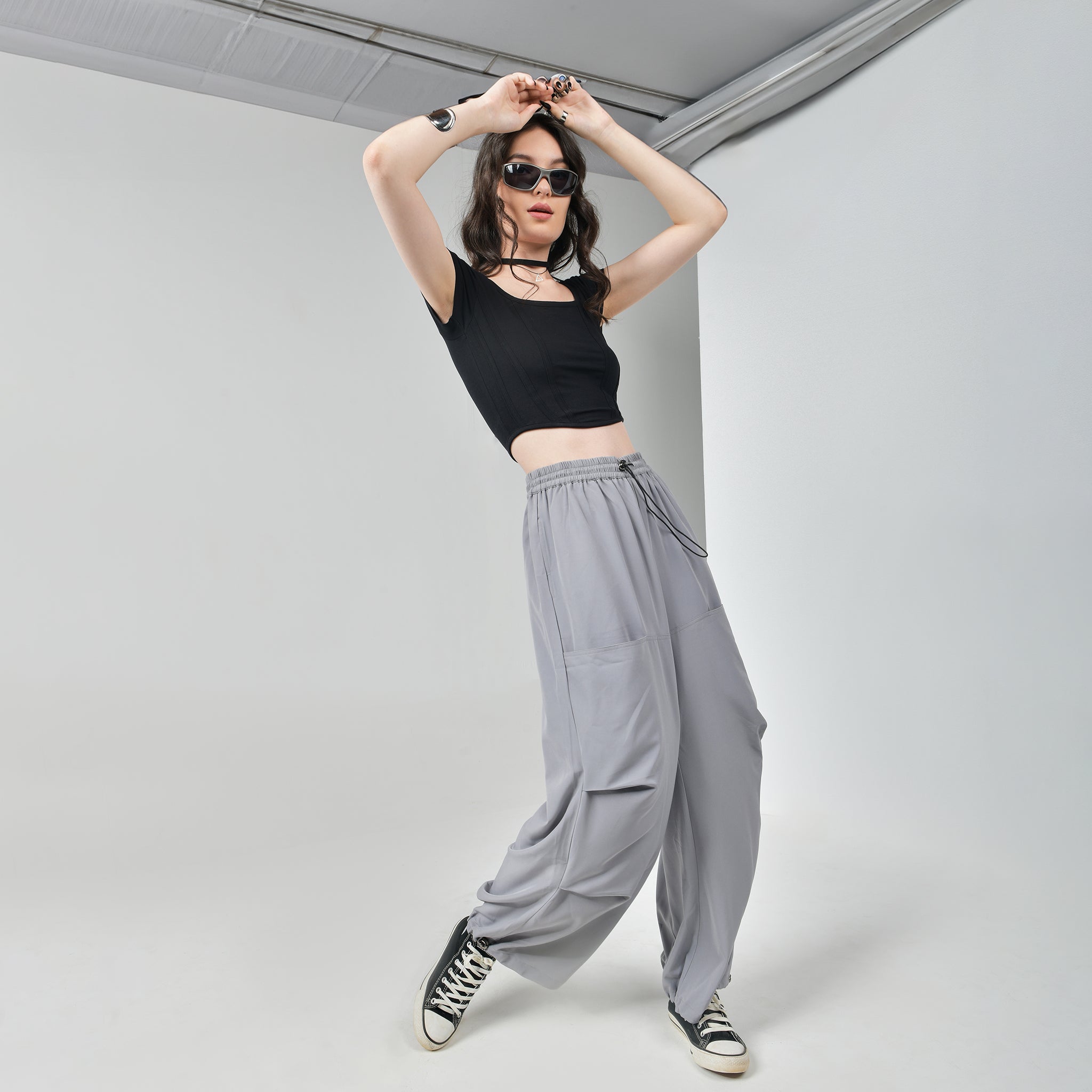 I Z F Black Corset Crop Top & Grey Air Para Pants