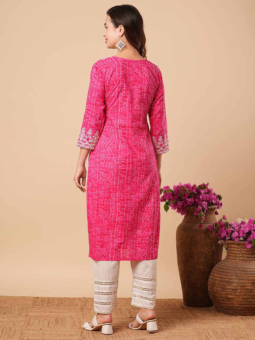 Fashor Bandhani Printed Ethnic Embroidered Straight Fit Kurta - Pink - view 6