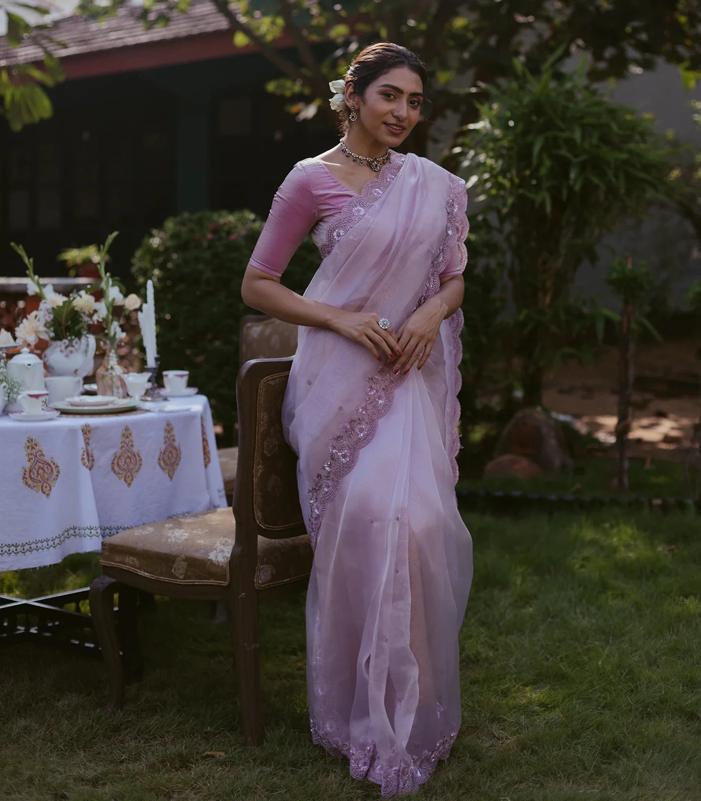 RmKV Lavender Woven Banarasi Glass Tissue Saree Embroidered With Floral Motifs
