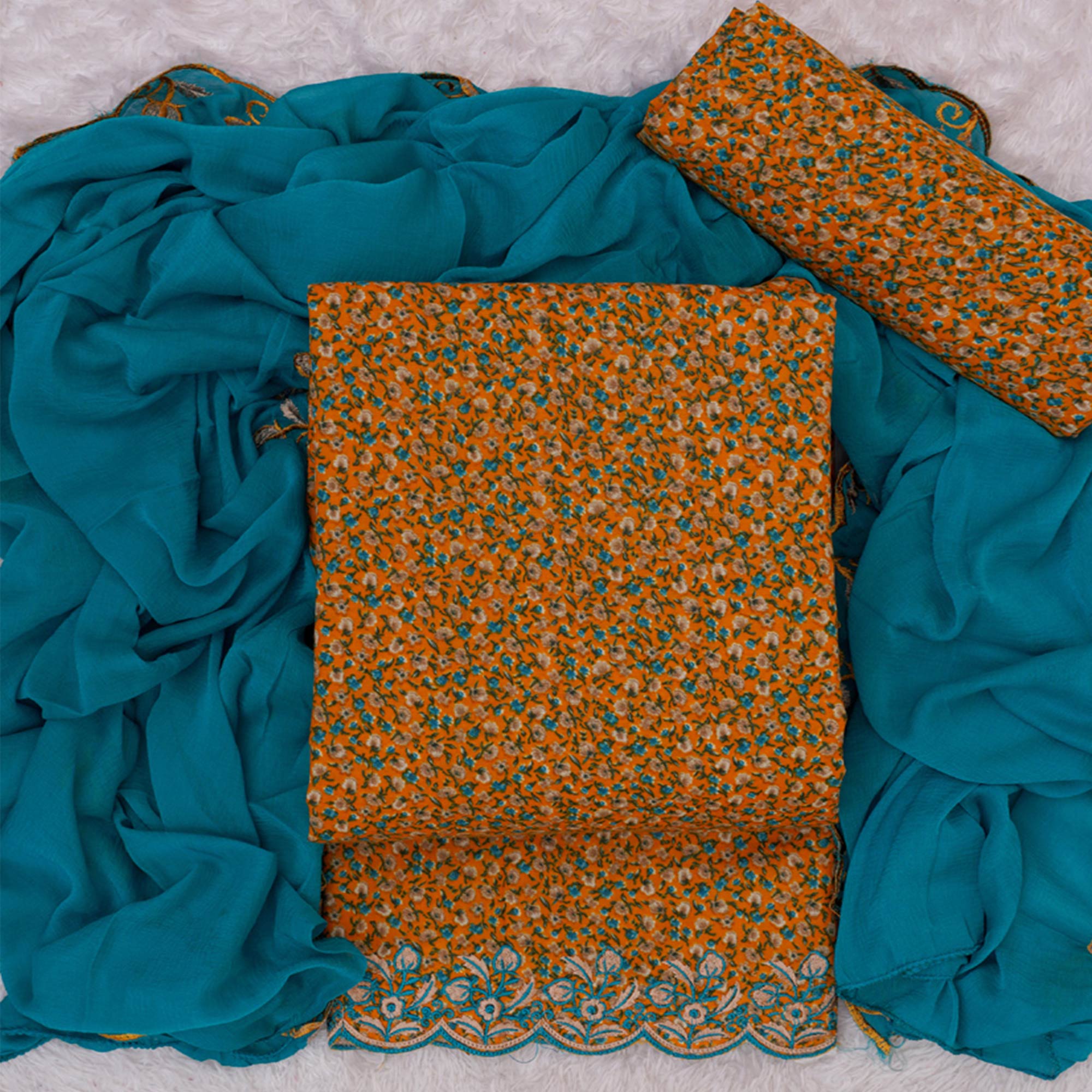 Peachmode Orange Floral Printed With Embroidery Cotton Silk Dress Material