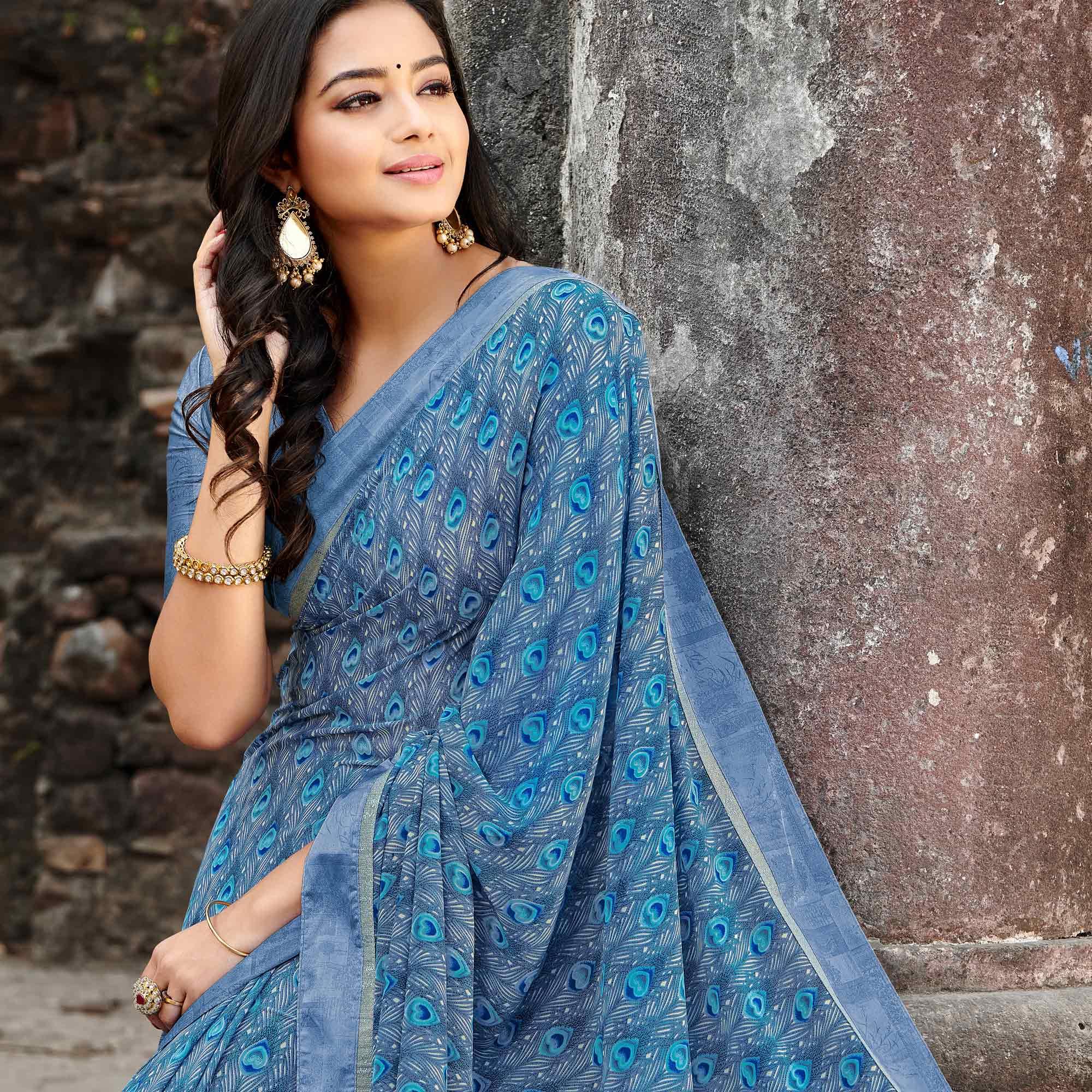 Peachmode Captivating Blue Colored Casual Floral Printed Georgette Saree - view 2