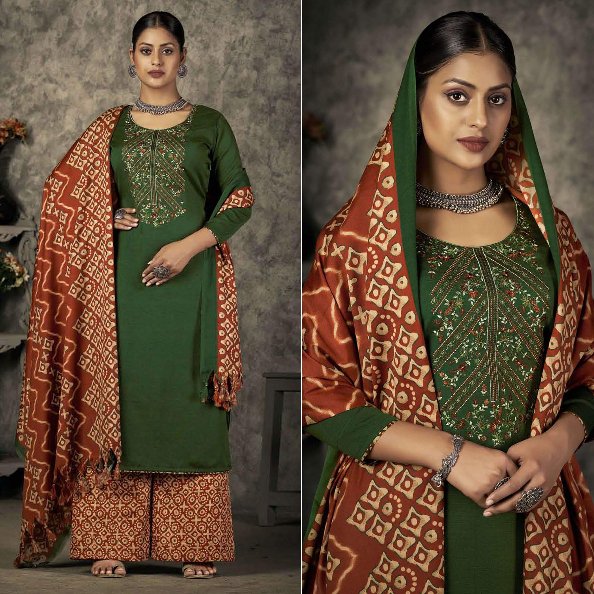 Green salwar suits – BlackTree green-floral-embroidered-with-printed-pashmina-salwar-suit