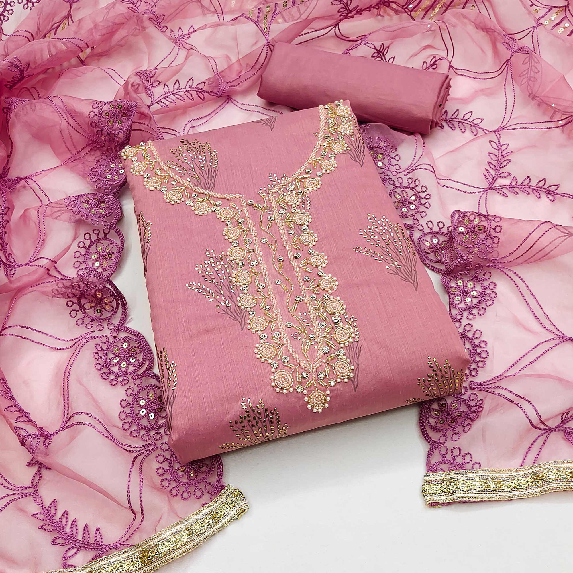 Peachmode Mauve Printed With Handwork Modal Dress Material