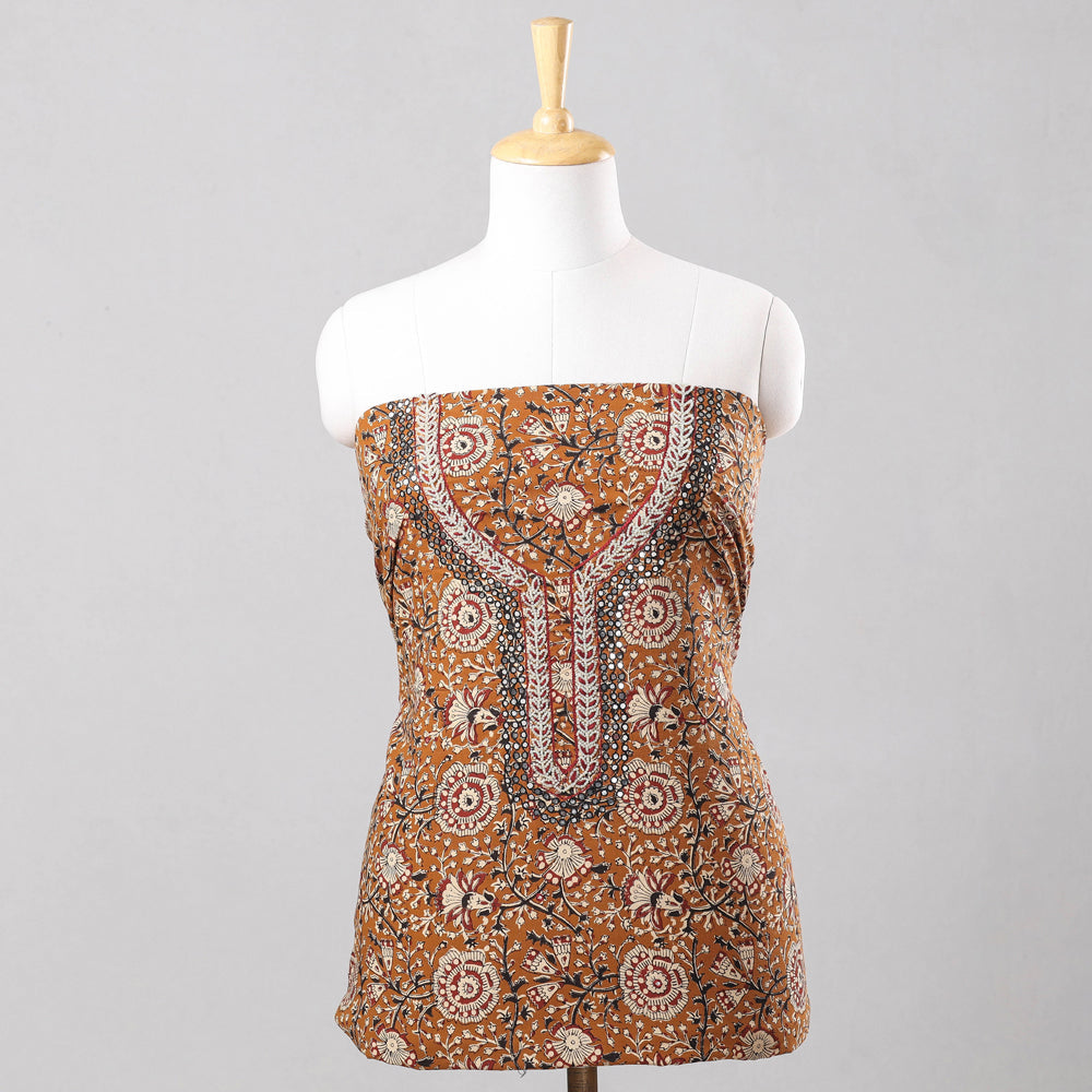 NOORI BAZAR Brown - Embroidery Bagru Block Printing Cotton Kurta Material - 2.5 meter