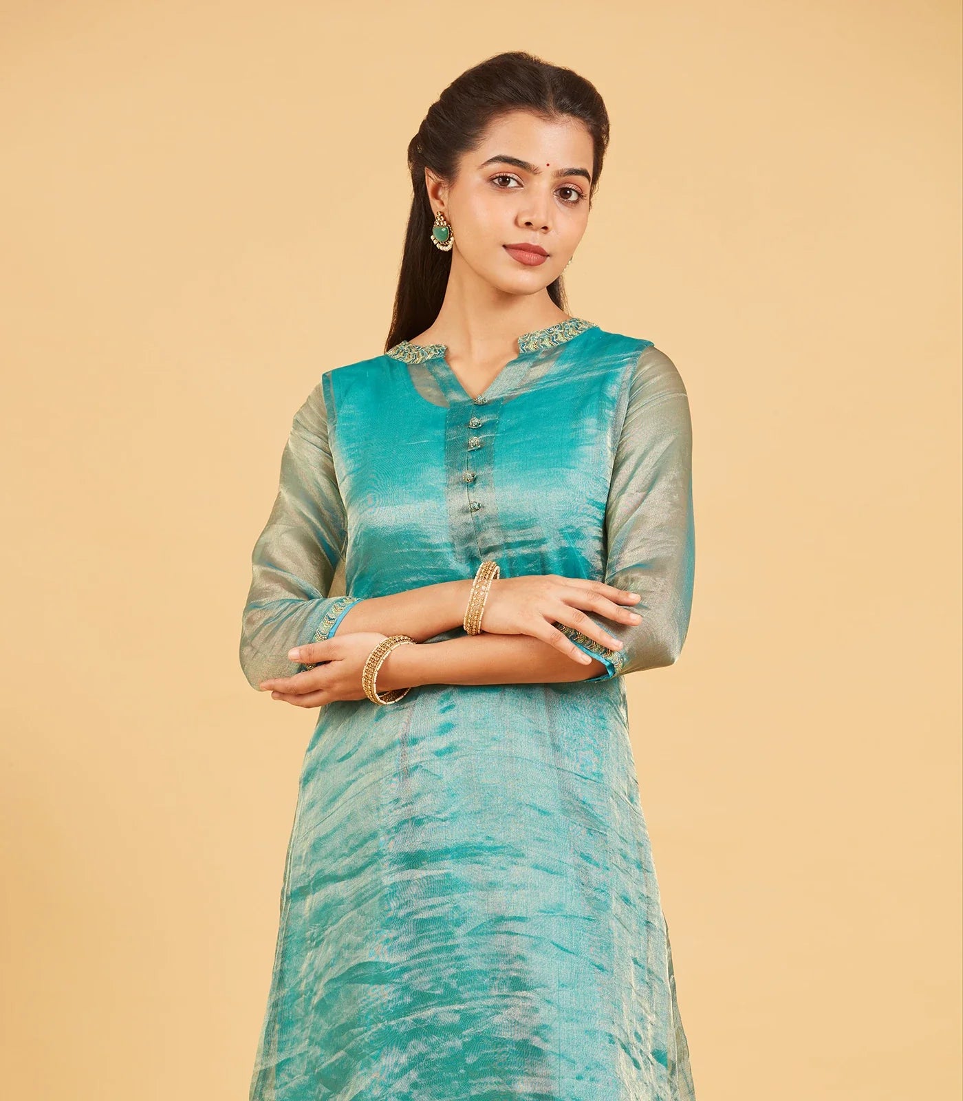 RmKV Teal And Gold Tissue Kurta - view 2