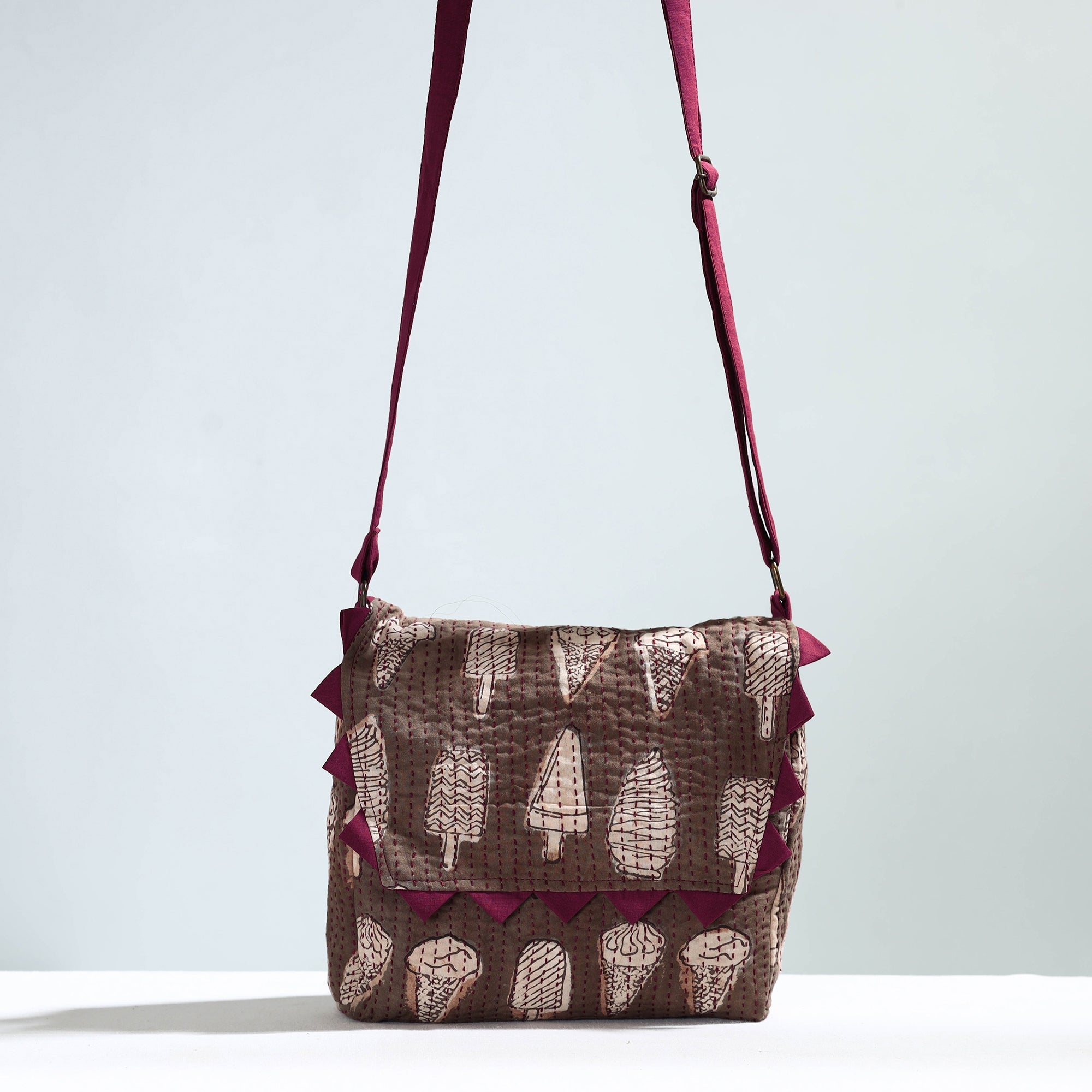Brown - Jugaad Handmade Running Stitch Cotton Flap Sling Bag