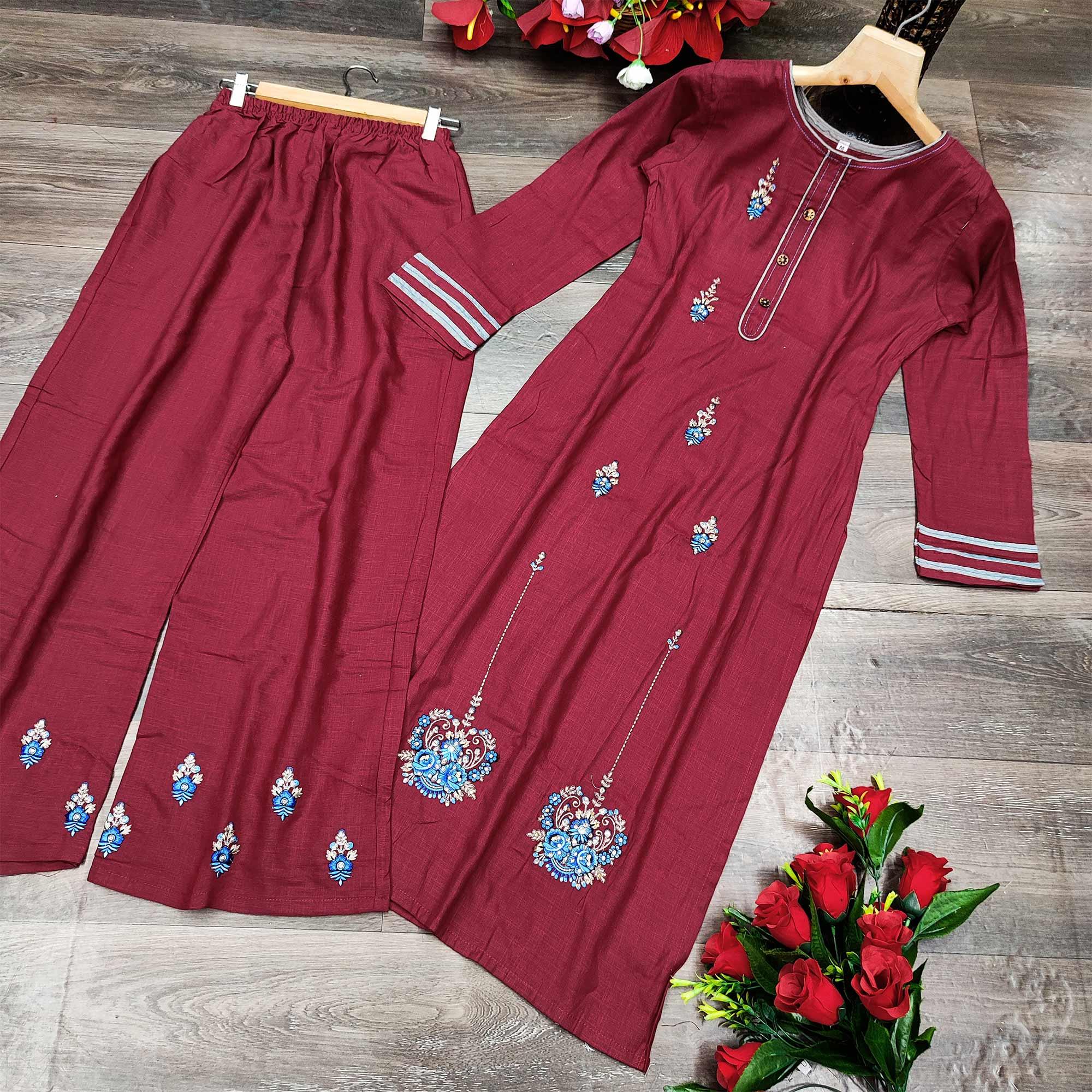 Peachmode Seller Maroon Casual Wear Embroidered Heavy Rayon Kurti - Palazzo Set - view 2