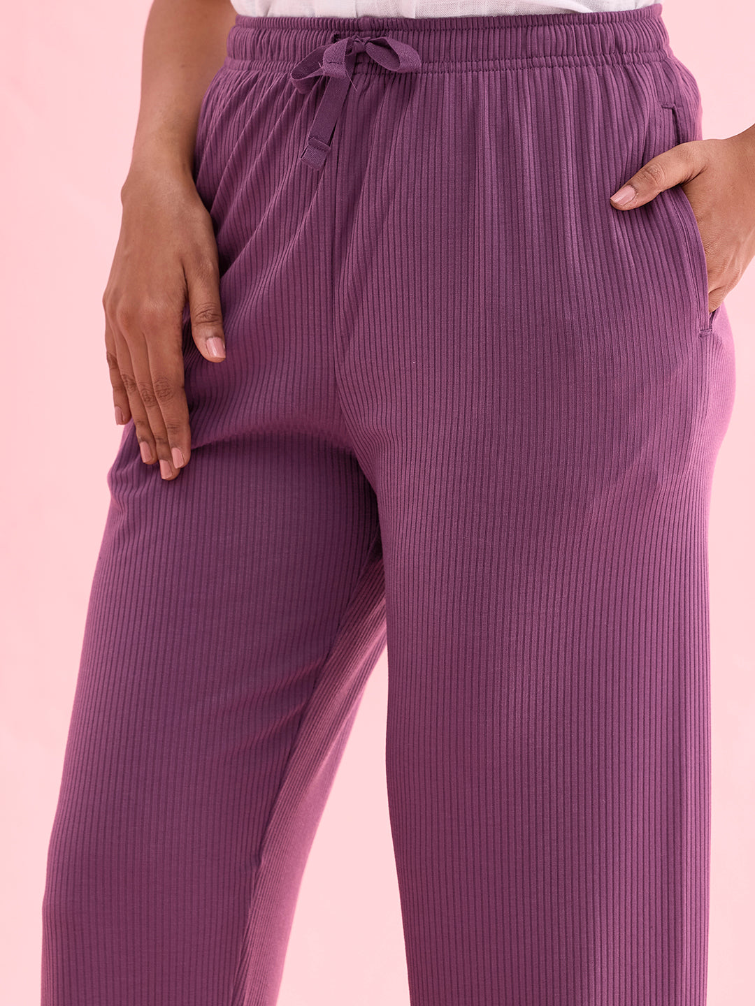 Go Colors Women Solid Purple Mid Rise Casual Rib Pants - view 2
