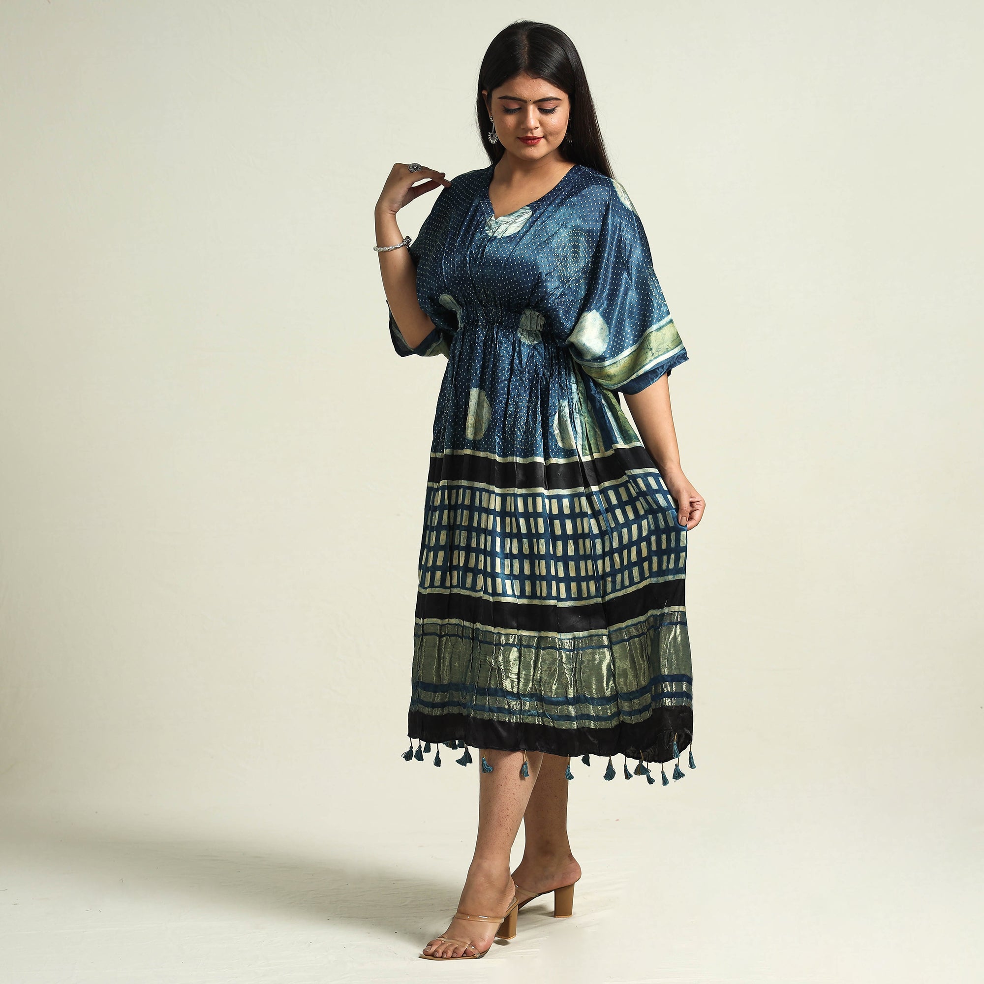 RIYAZ ABDULMAJID KHATRI - AJRAKH Blue - Ajrakh Block Printed Modal Silk Kaftan with Elasticated Waist & Zari Border (Medium)