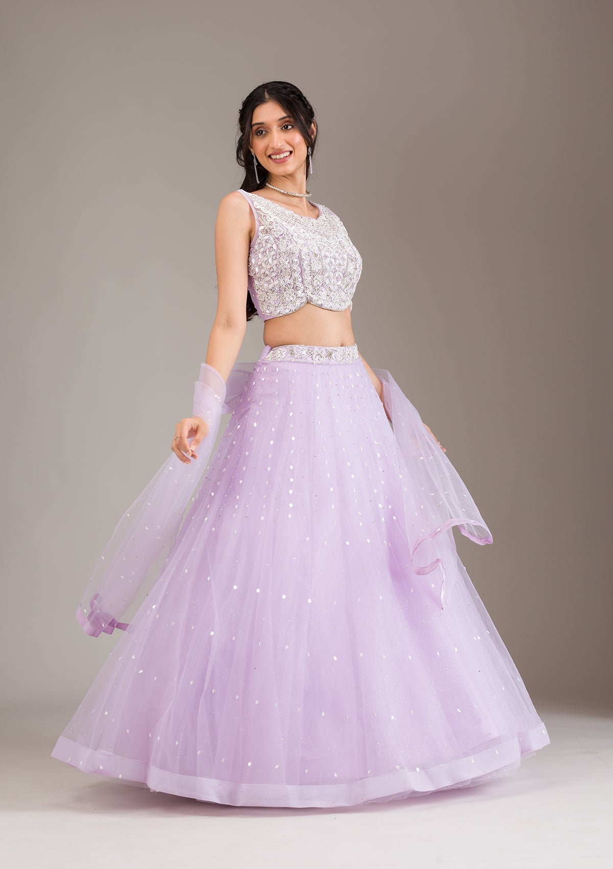 Koskii Lavender Stonework Net Readymade Lehenga