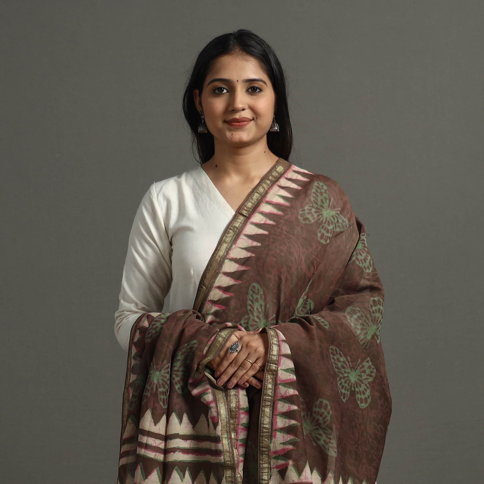 BAGRU DABU PRINTS Brown - Block Printed Chanderi Silk Bagru Dupatta 50 - view 3