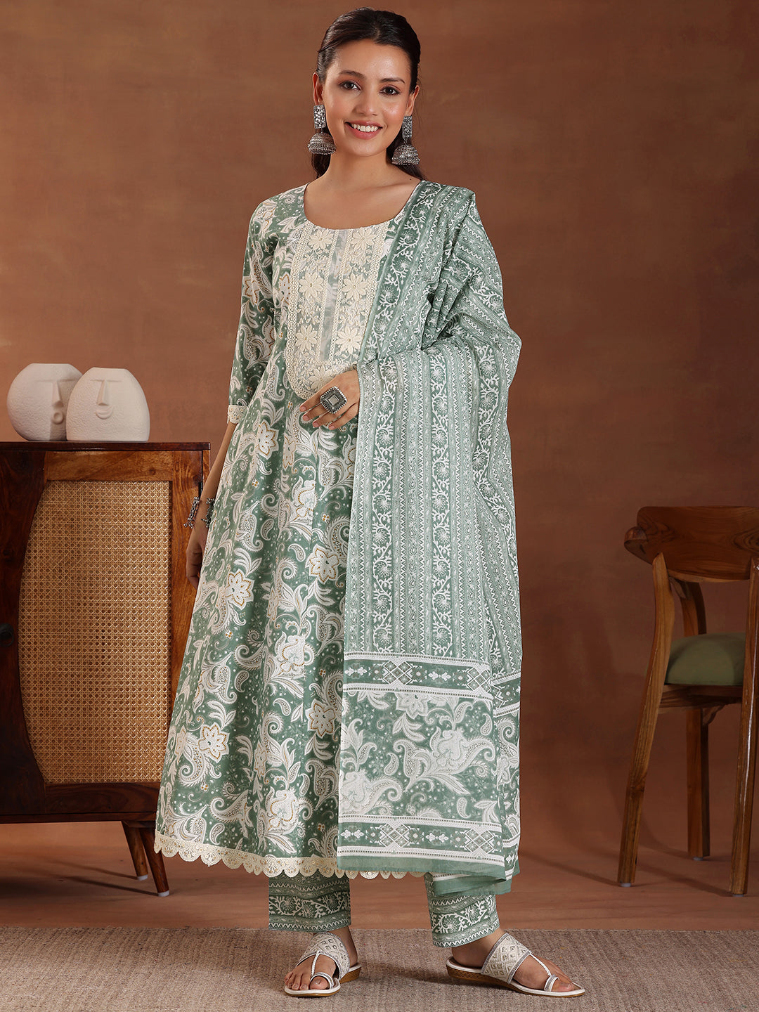 Libas Green Printed Cotton Anarkali Suit With Dupatta - view 3