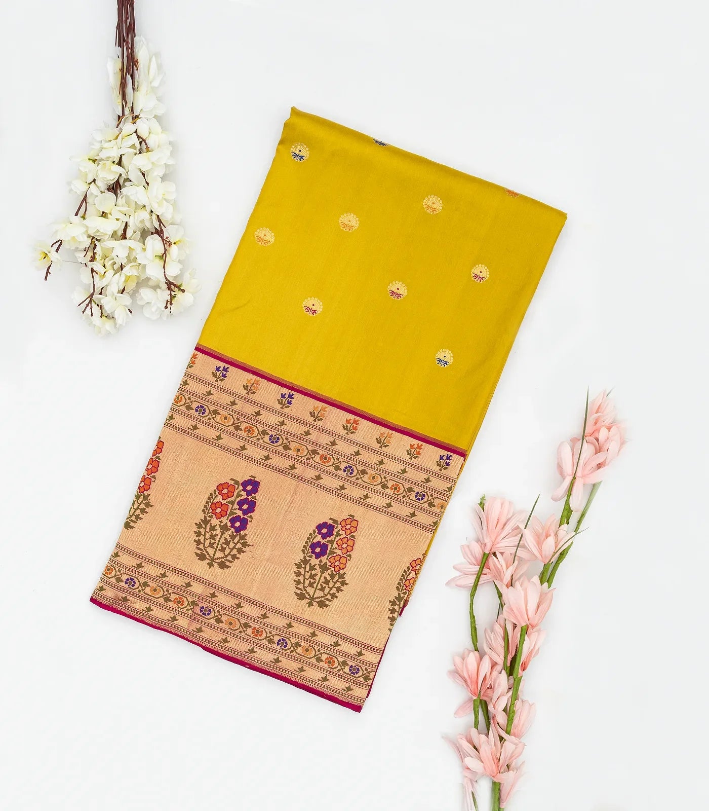 RmKV Mustard Handloom Banarasi Silk Saree With Meena Floral Buttas