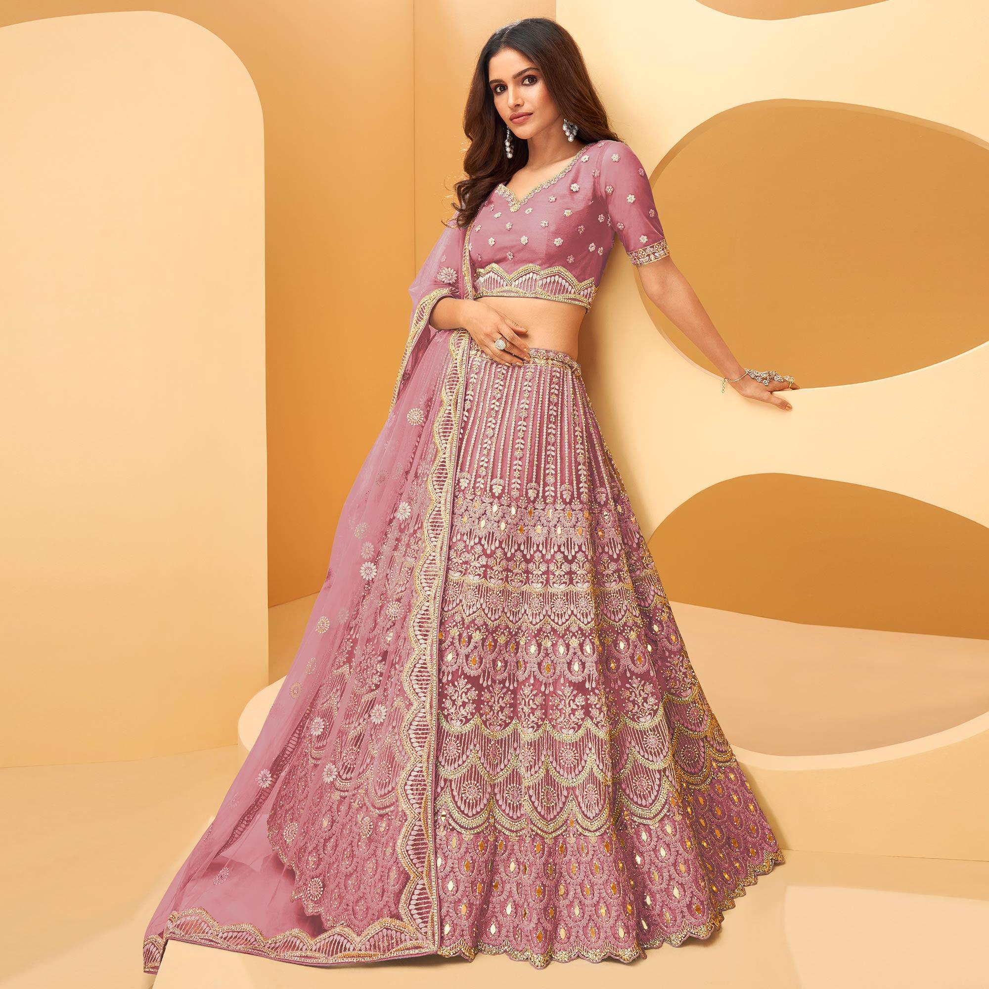 Peachmode Lavender Party Wear Embroidered Net Lehenga Choli - view 3