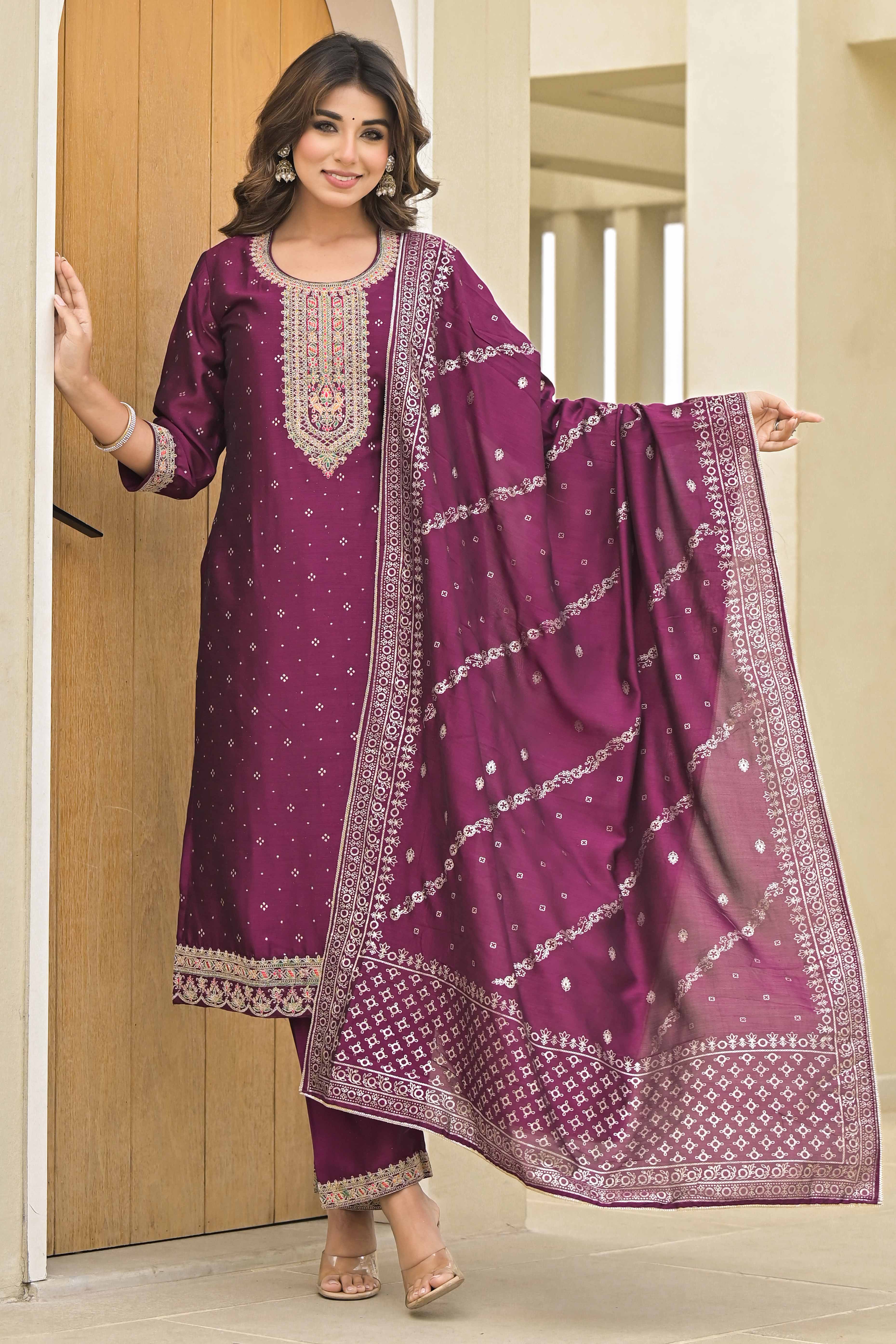 Peachmode Dark Purple Golden Embroidered Vichitra Silk Salwar Suit - view 5