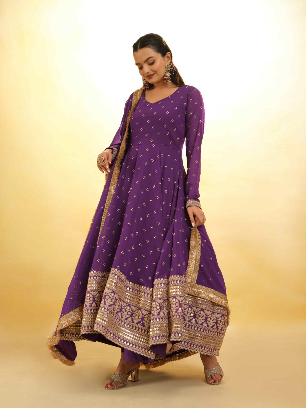 ClothsVilla Purple Georgette Suit with Embroidery and Shantoon Bottom - view 5
