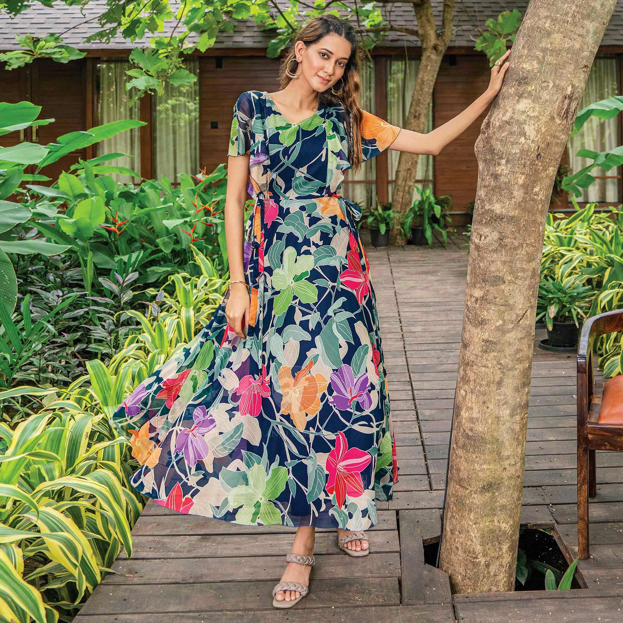 Peachmode Multicolor Floral Printed A-Line Chiffon Dress