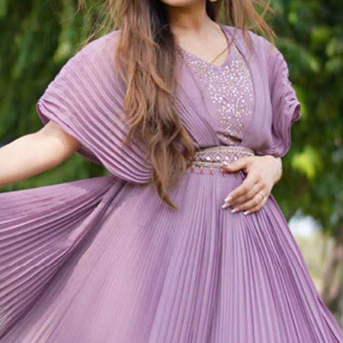 Peachmode Seller Light Purple Embellished Georgette Gown With Belt - view 2