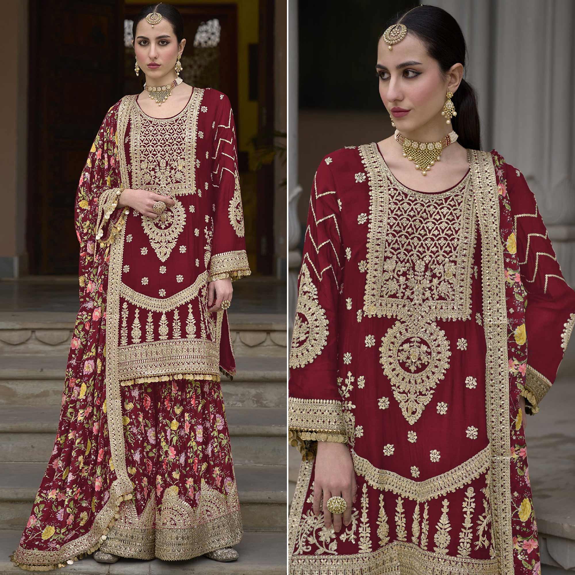 Peachmode Seller Maroon Floral Sequins Embroidered Chinon Salwar Suit