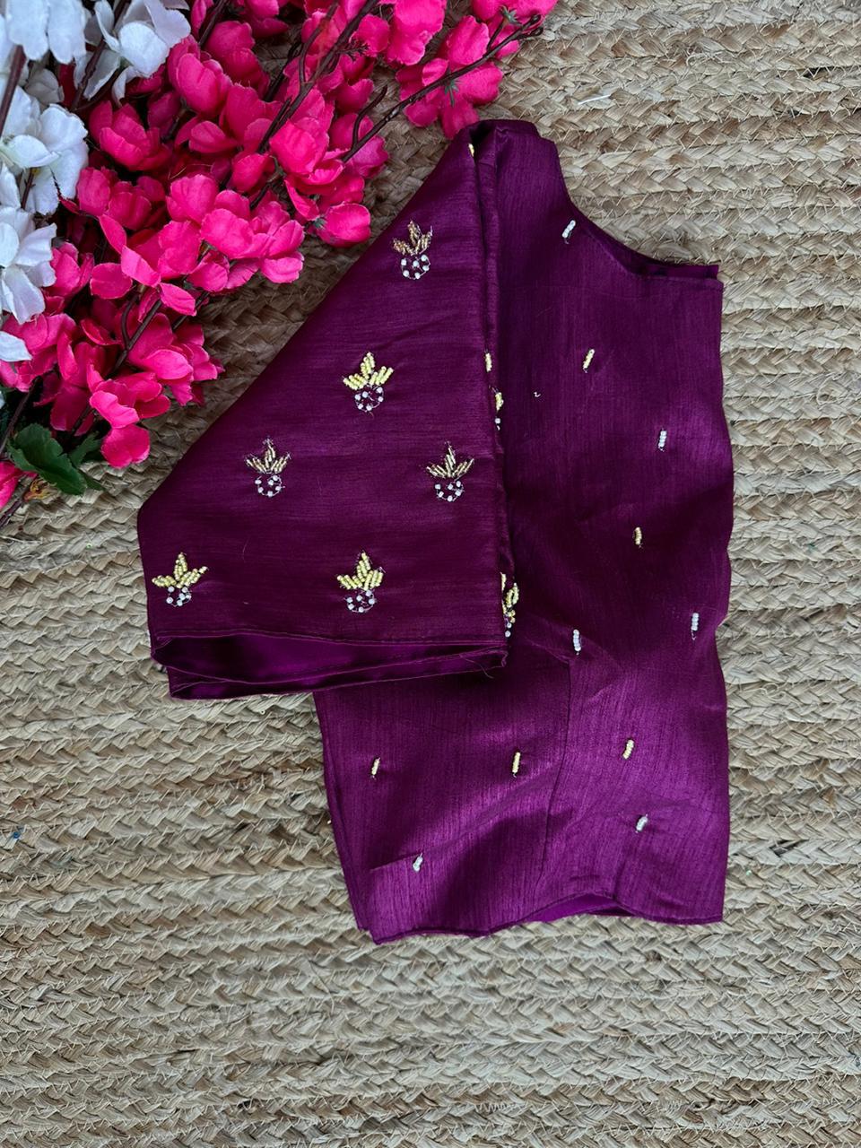 ClothsVilla Purple Pearl-Embellished german silk Blouse with Handcrafted Golden Work - view 3