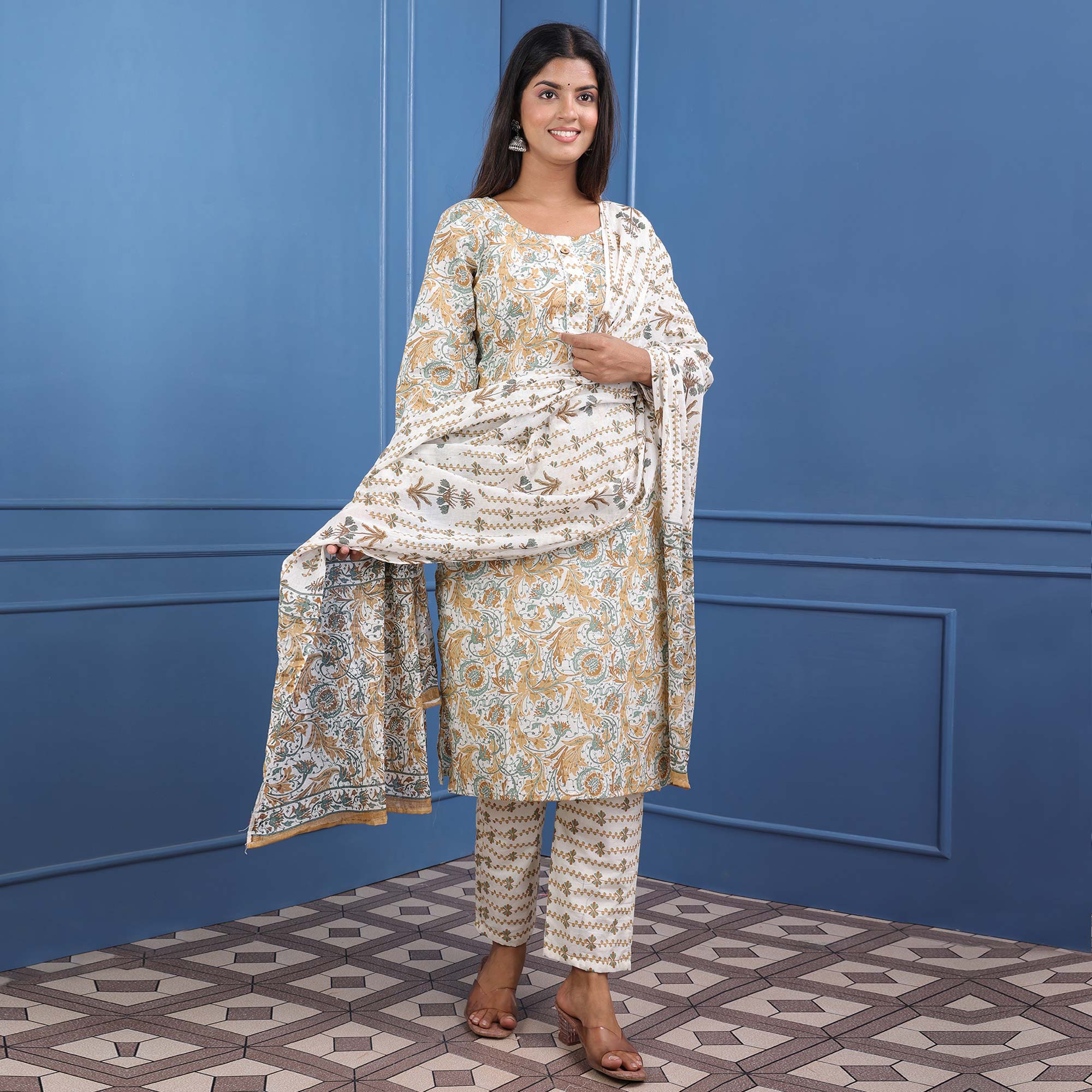 Peachmode Seller Cream And Brown Floral Printed Pure Cotton Suit - view 2