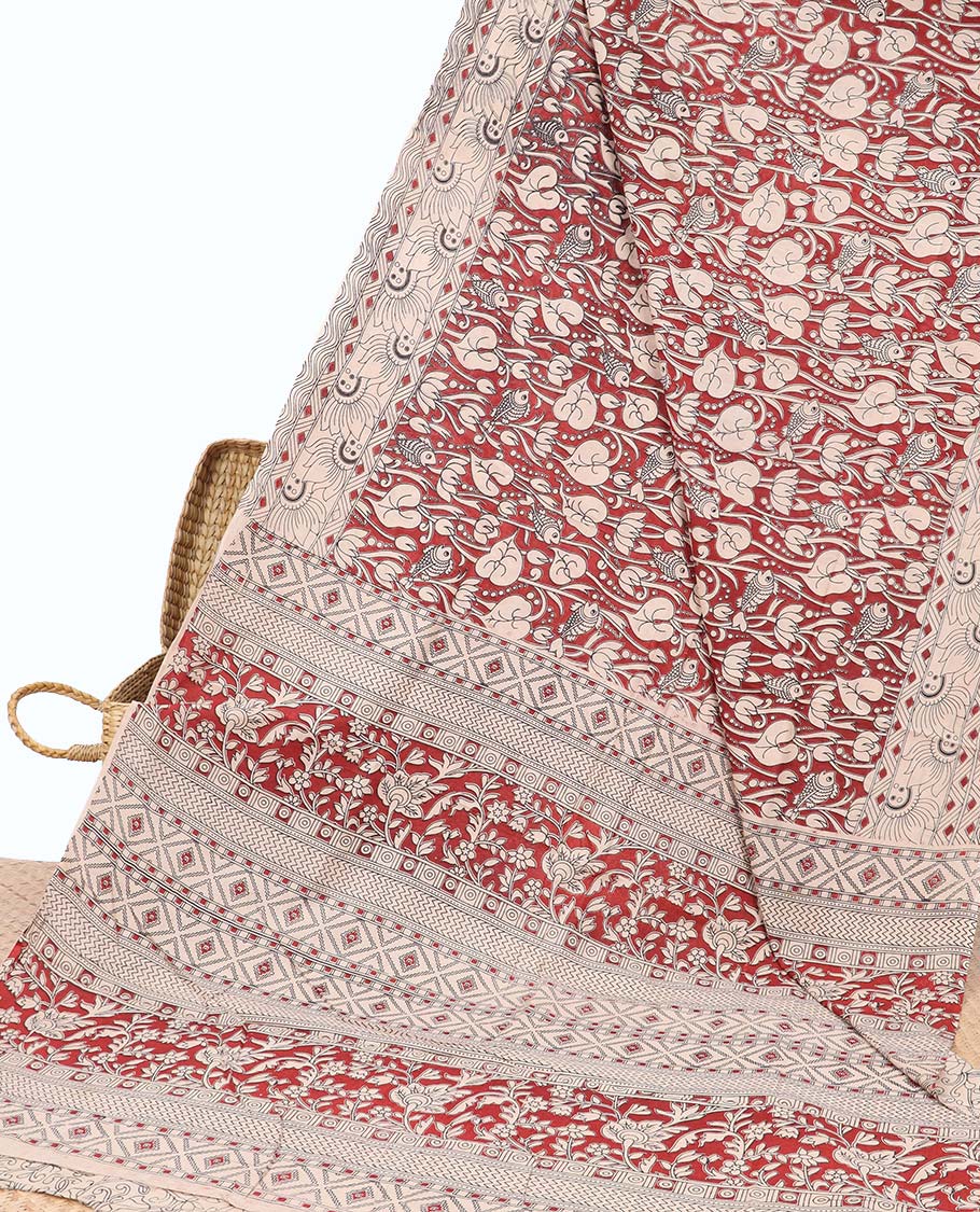 Pothys Red unique floral machine-printed kalamkari cotton saree, floral design border & floral & geometric pallu