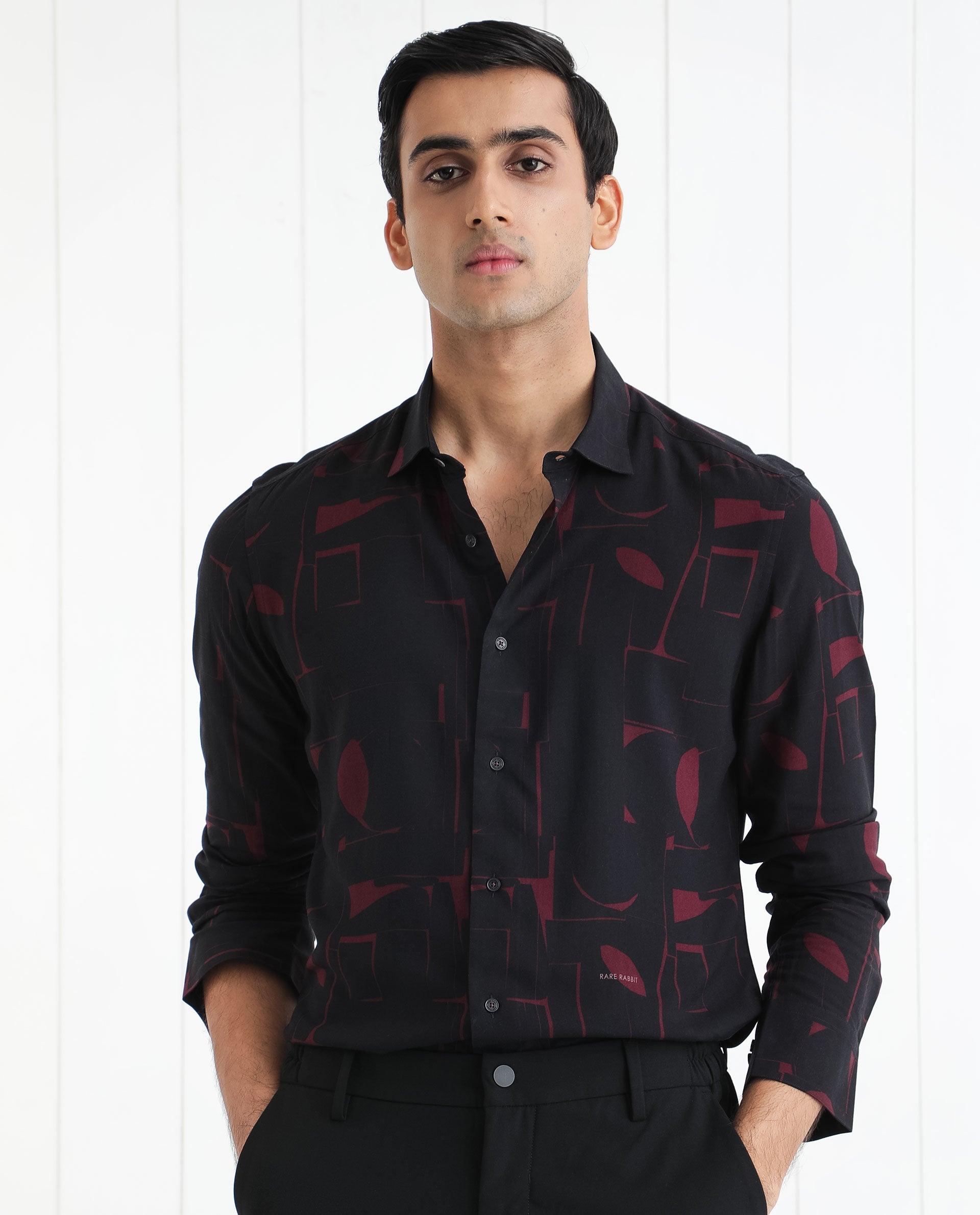 Rare Rabbit Men's Arjay Red Viscose Fabric Abstract Print Full Sleeves Shirt - view 2