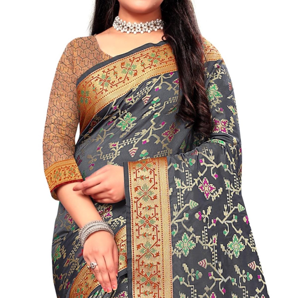 Peachmode Captivating Grey Colored Festive Wear Woven Silk Saree - view 2