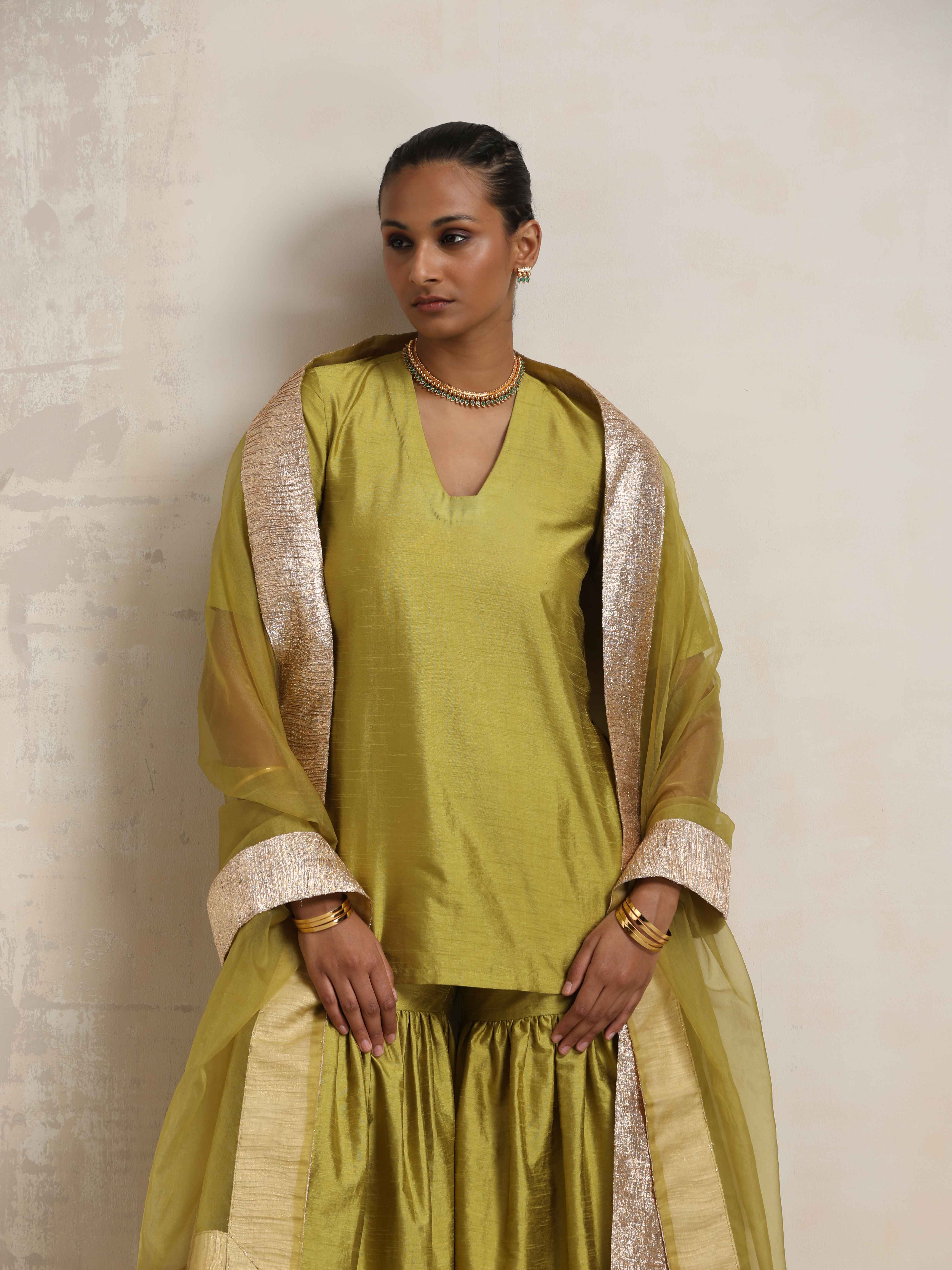 trueBrowns Green Silk Sharara Dupatta Set - view 6
