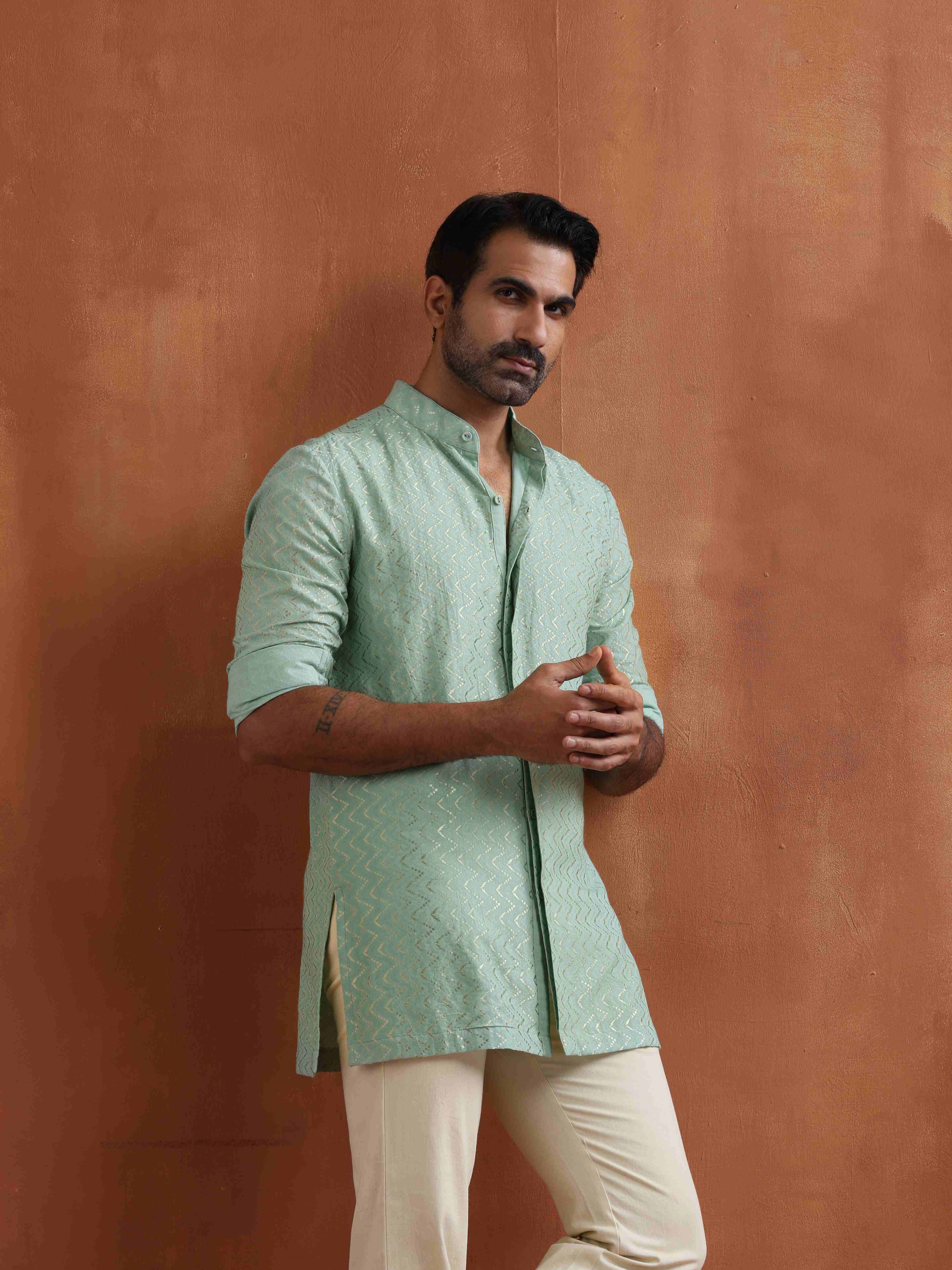 trueBrowns Men's Green Cotton Dobby Front Open Short Kurta - view 2