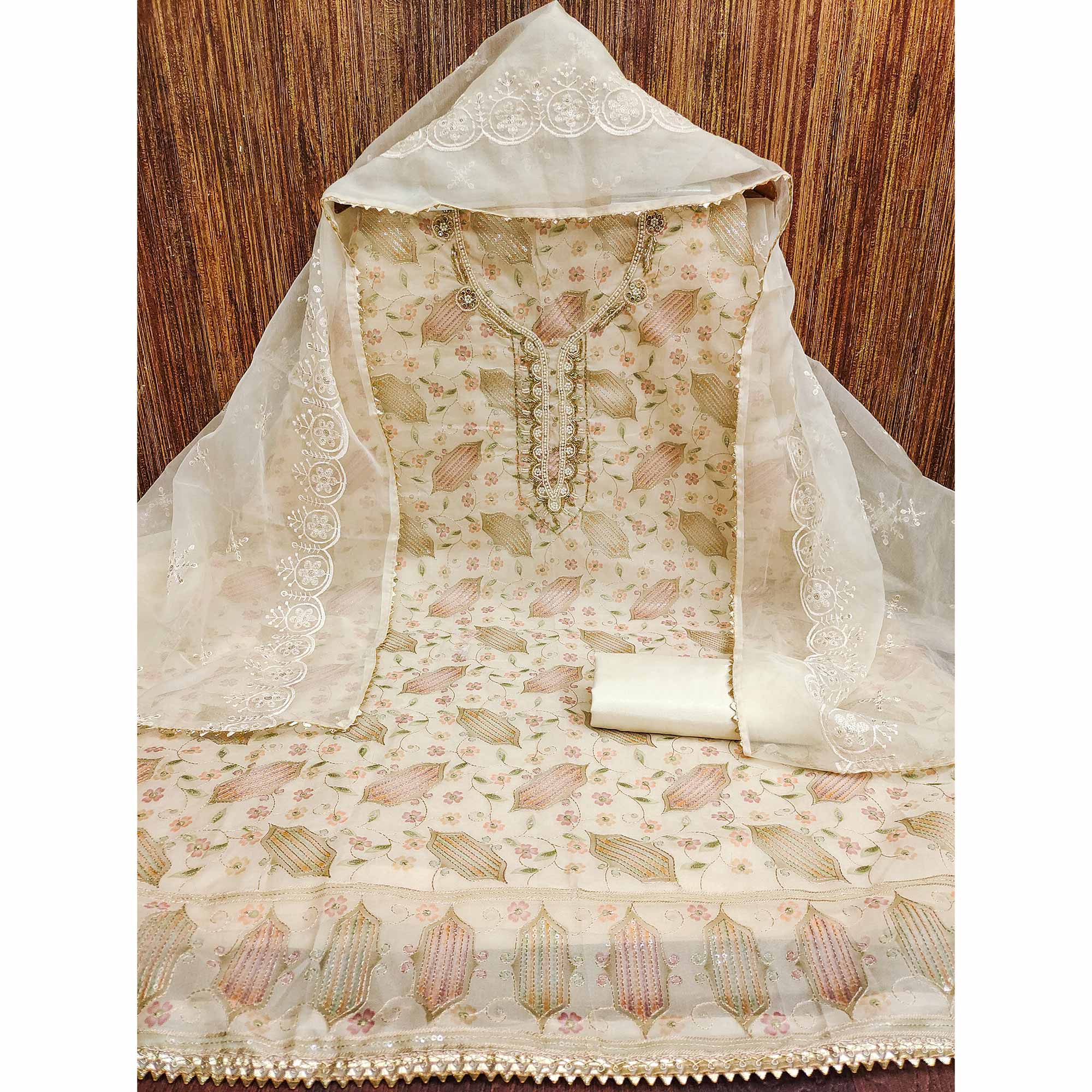Peachmode Cream Floral Embroidered With Handwork Organza Dress Material - view 3