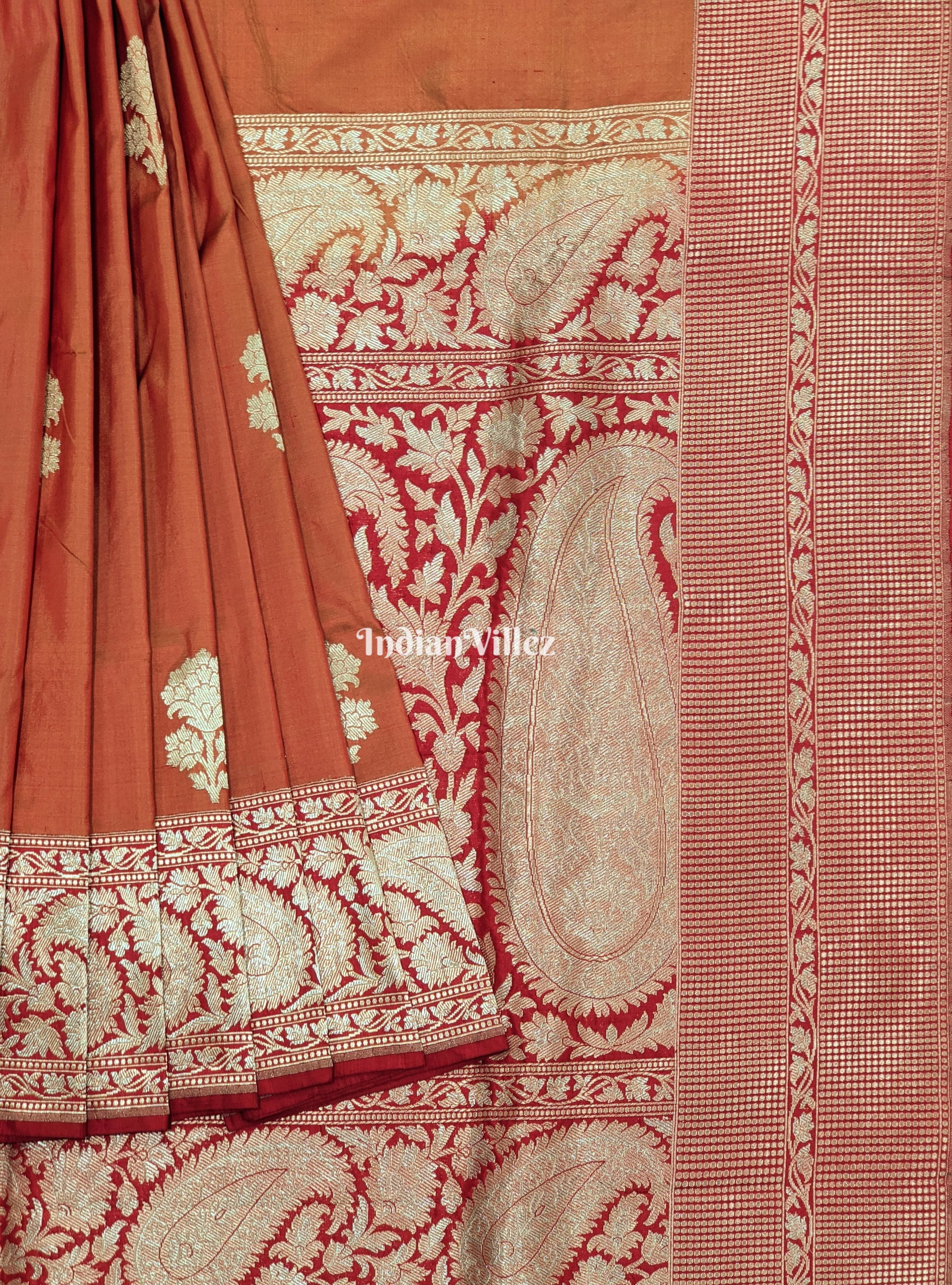 IndianVillèz Orange Dual Tone Floral Motif Designer Banarasi Silk Saree