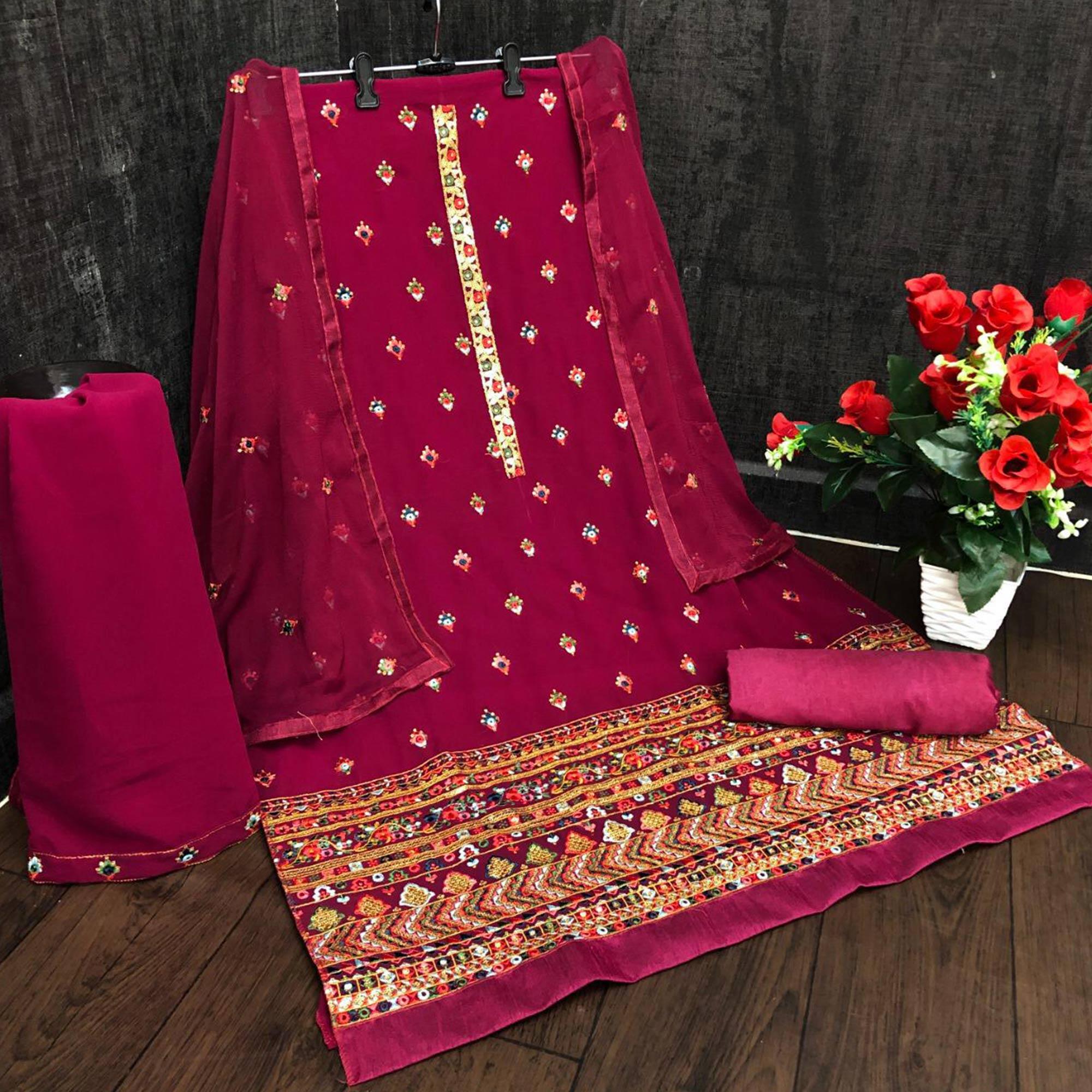 Peachmode Festive Wear Dark Pink Sequins Embroidery Work Faux Georgette Patiala Suit - view 2