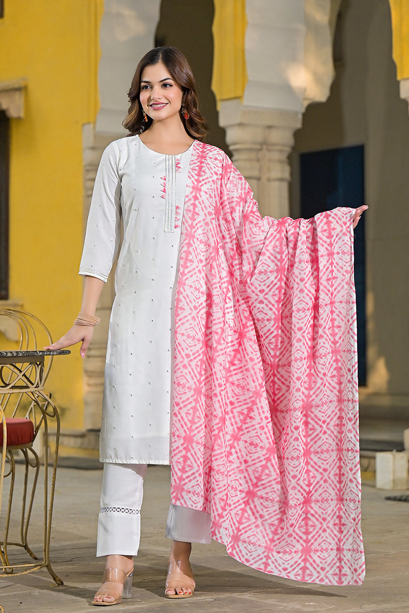 Ahika Pink Rayon Blend Solid Embroidered Straight Suit Set VKSKD2215PNK - view 3