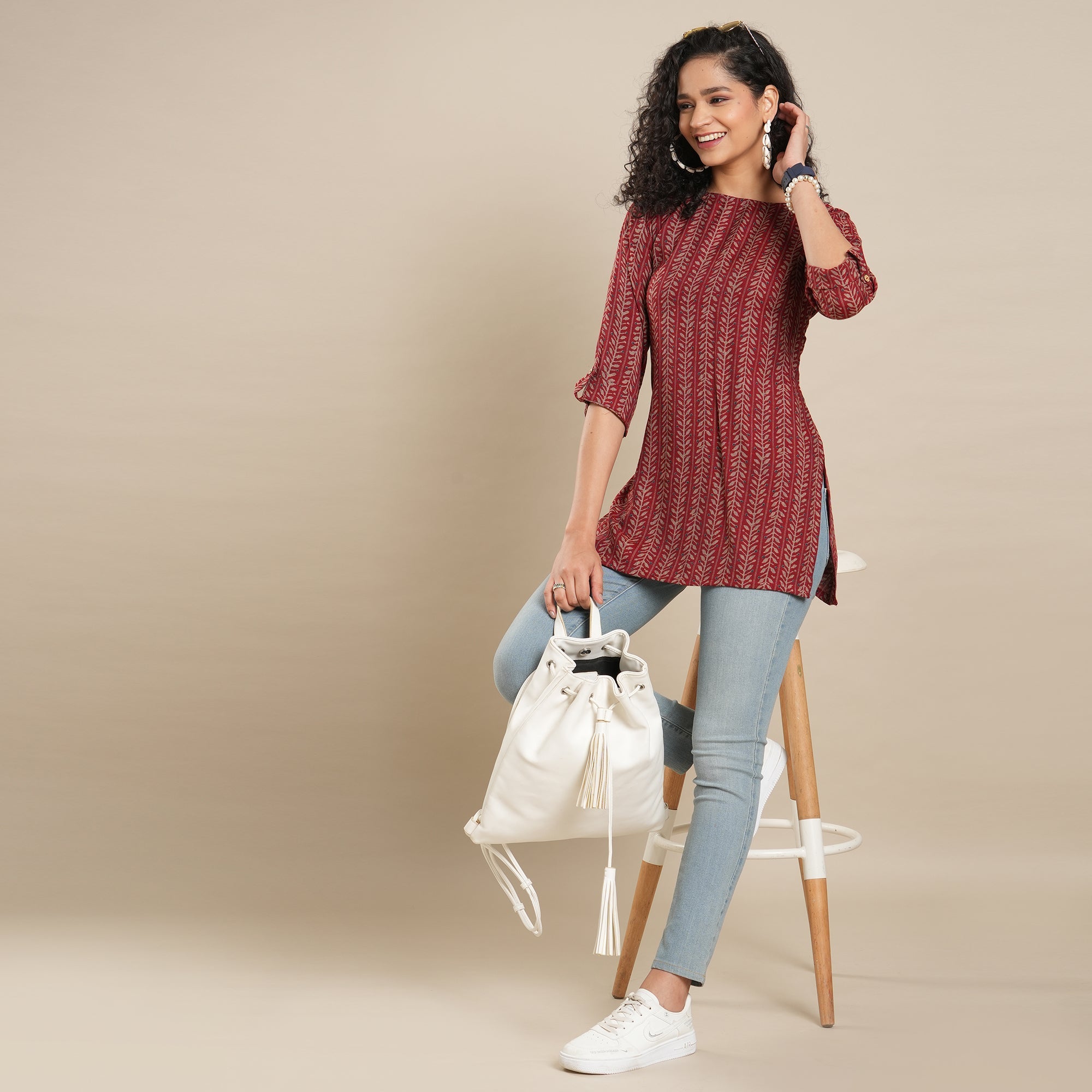 Peachmode Maroon Printed Rayon Top - view 2