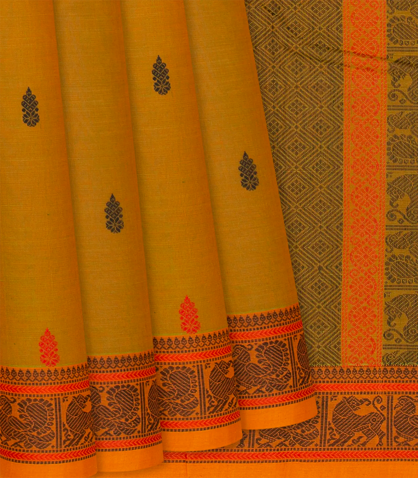 RmKV Oil Mustard Handloom Kanchi Cotton Saree With Kalasam Motifs-OIL MUSTARD