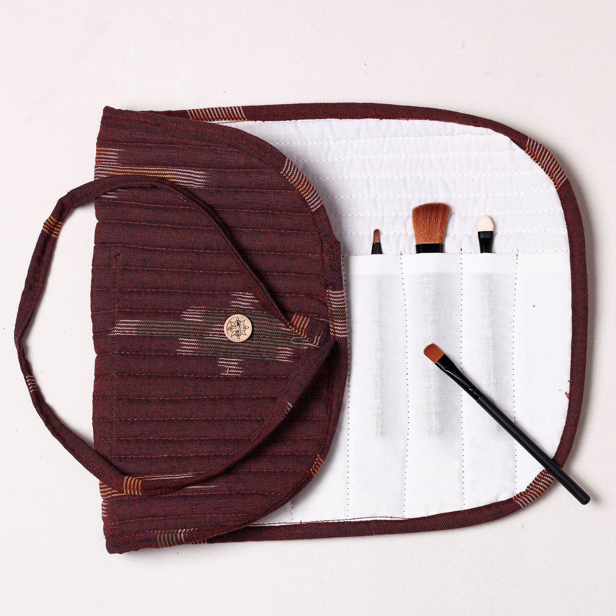 NOORI BAZAR Brown - Ikat Fabric Multipurpose Segmented Make-up Brush Wrap Pouch/Case